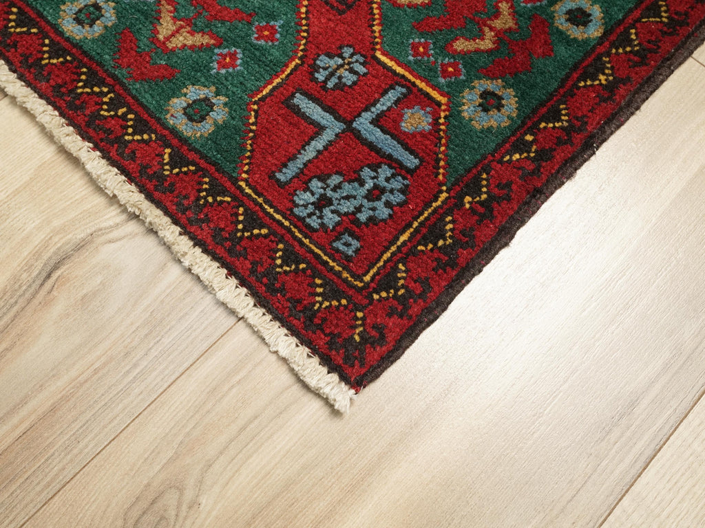 3x5 Ft Green & Red Ersari Rug - Afghan Wool Rug - Turkmen Design
