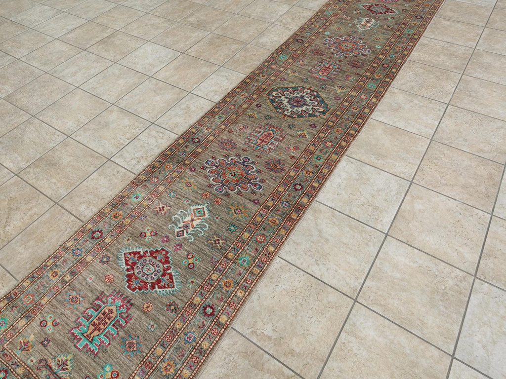 13 Ft Brown Kazak Runner Rug - Afghan Wool Hallway Rug