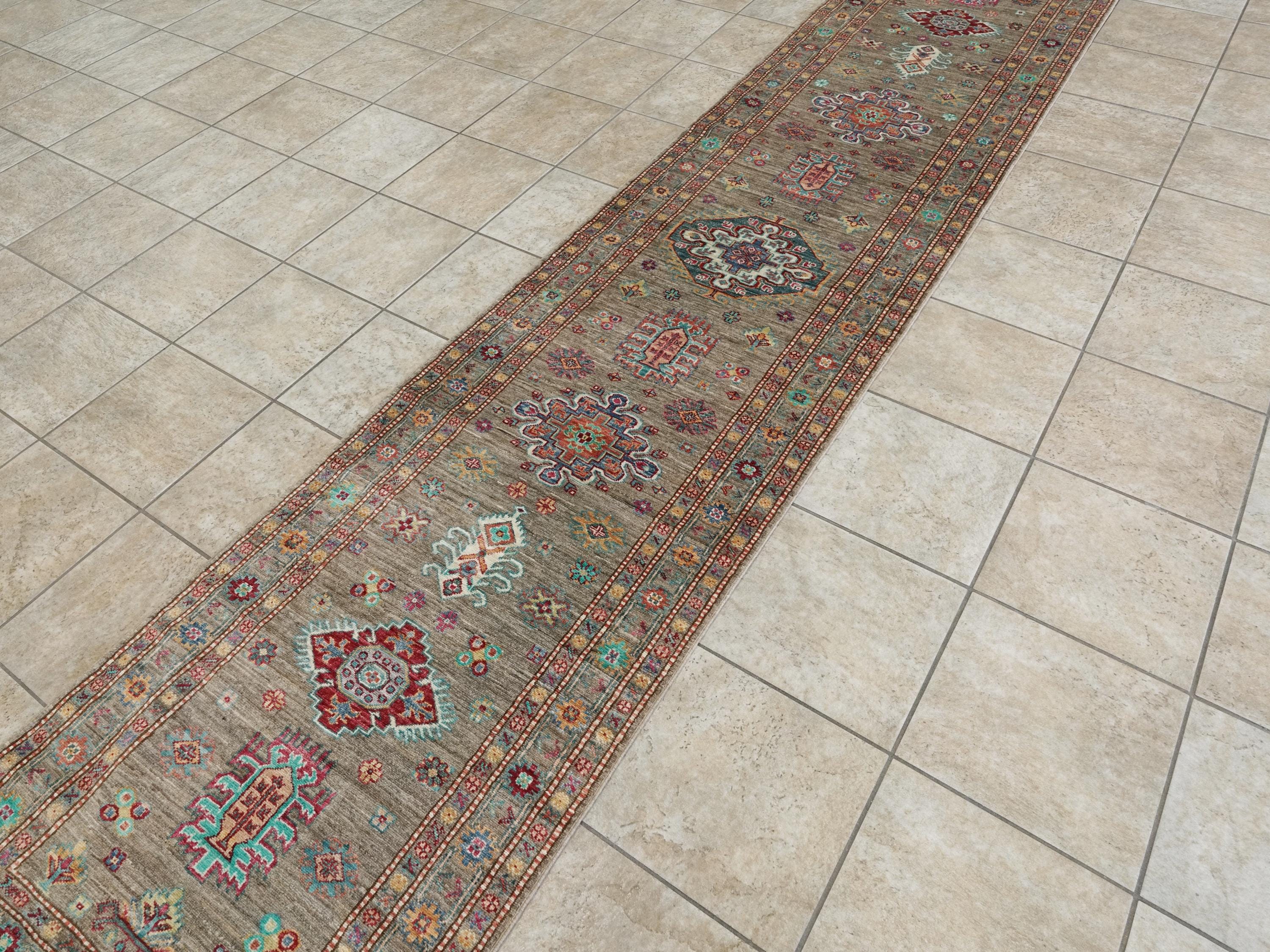 13 Ft Brown Kazak Runner Rug - Afghan Wool Hallway Rug