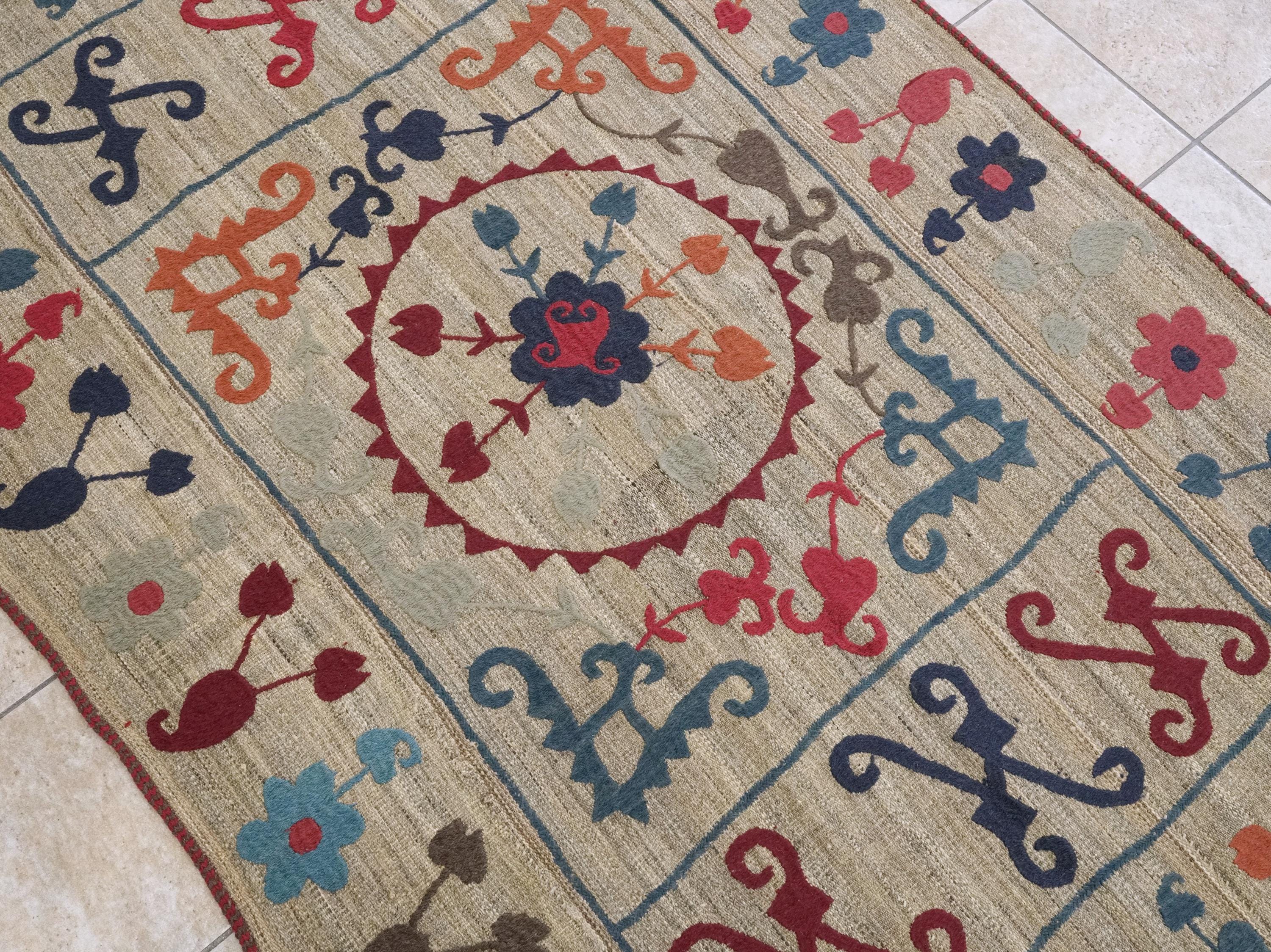 4'6x7'2 Ft Vintage Suzani Kilim Rug - Hand Knotted Wool - Tribal Flatweave