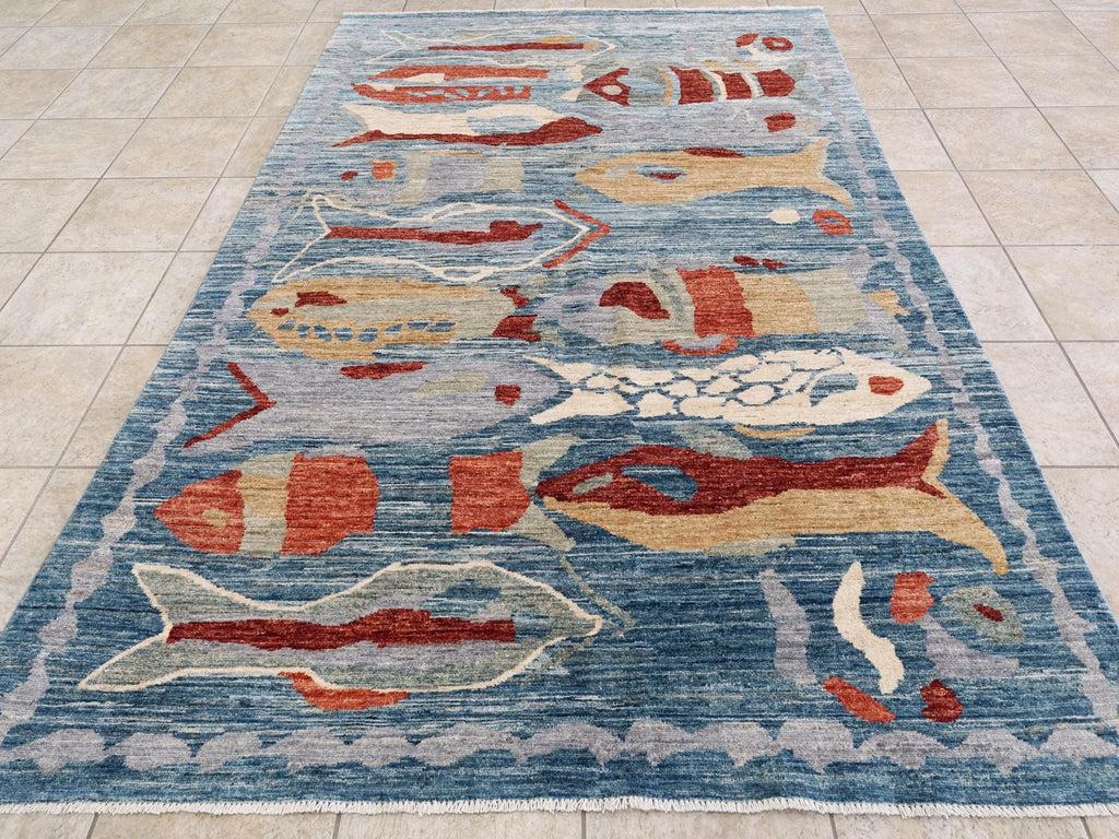 6x9 Ft Blue Fish Rug - Handmade Afghan Wool Rug