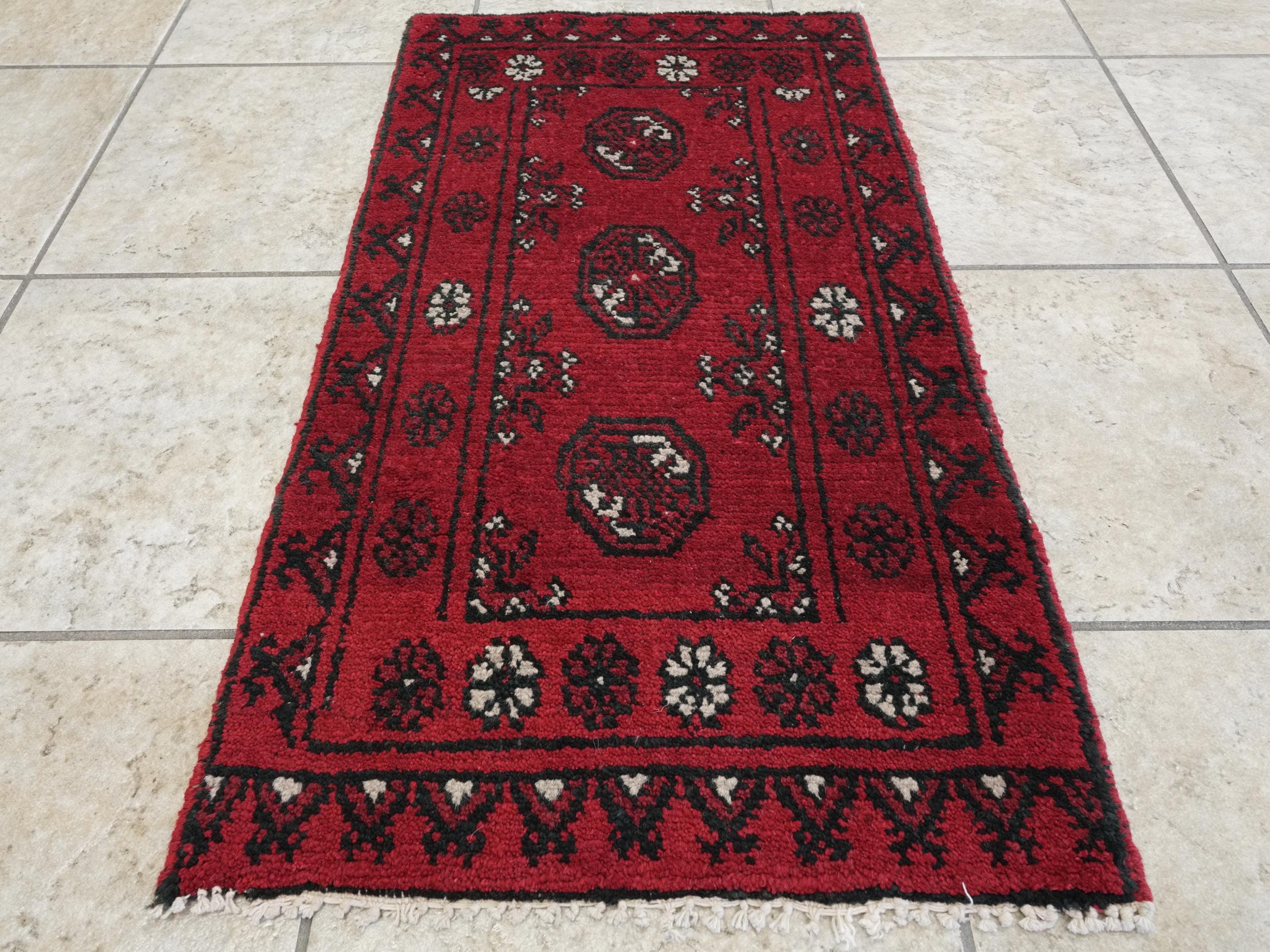 2x3 Ft Red Ersari Rug - Hand Knotted Afghan Wool Rug