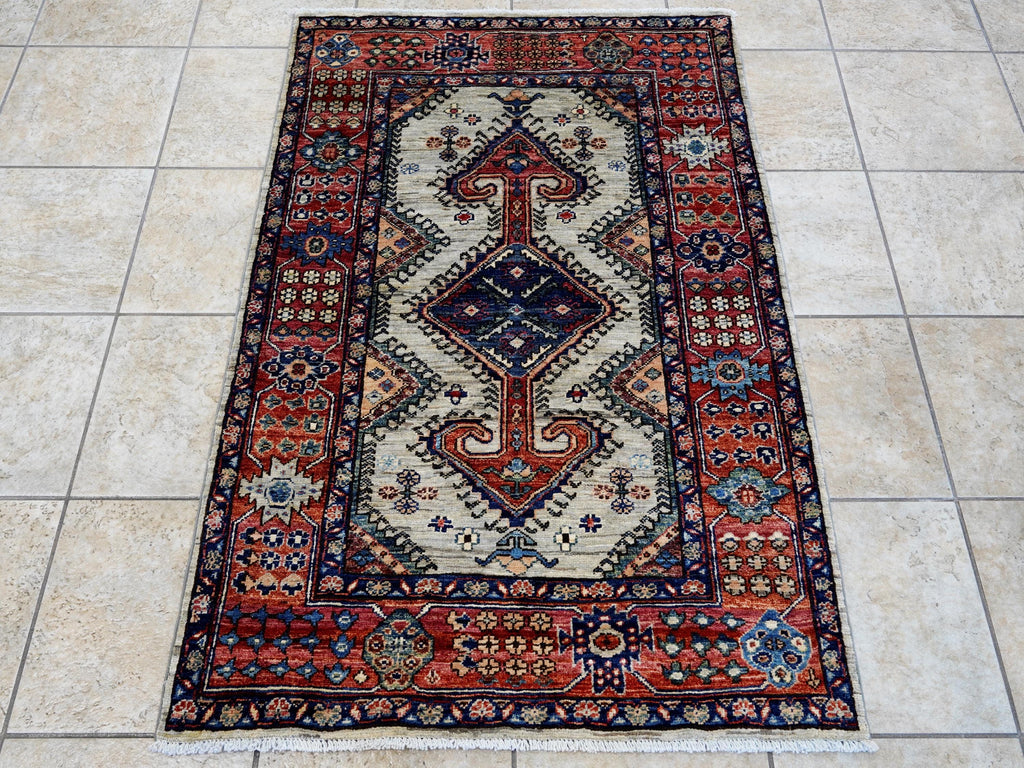 3x5 Ft Red & Gray Kazak Rug - Handmade Afghan Rug