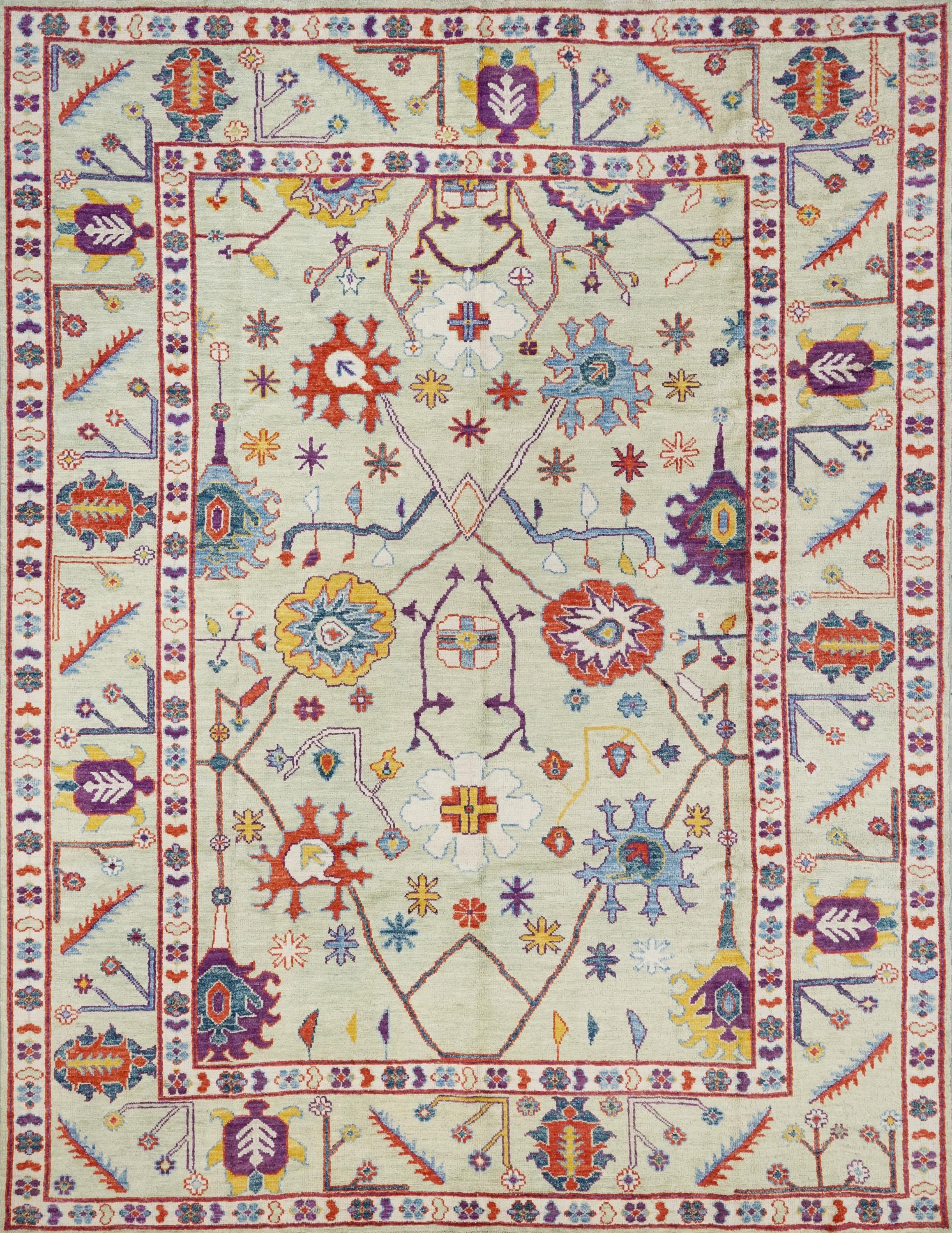 9x12 Ft Light Green Ushak Rug - Hand Knotted Afghan Oriental Rug