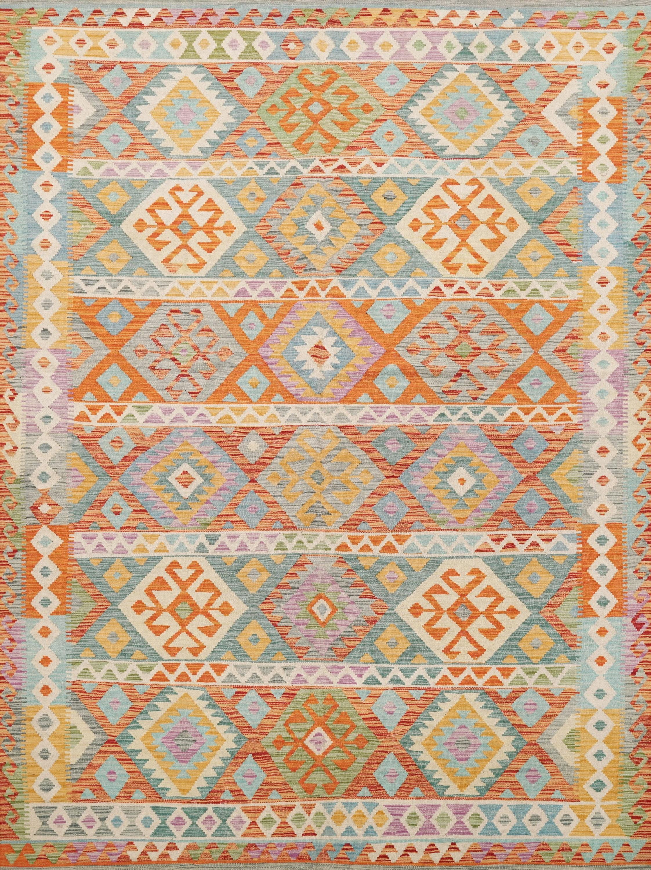 7x10 Ft Maimana Kilim Rug - Red & Green Flat Weave Afghan Rug