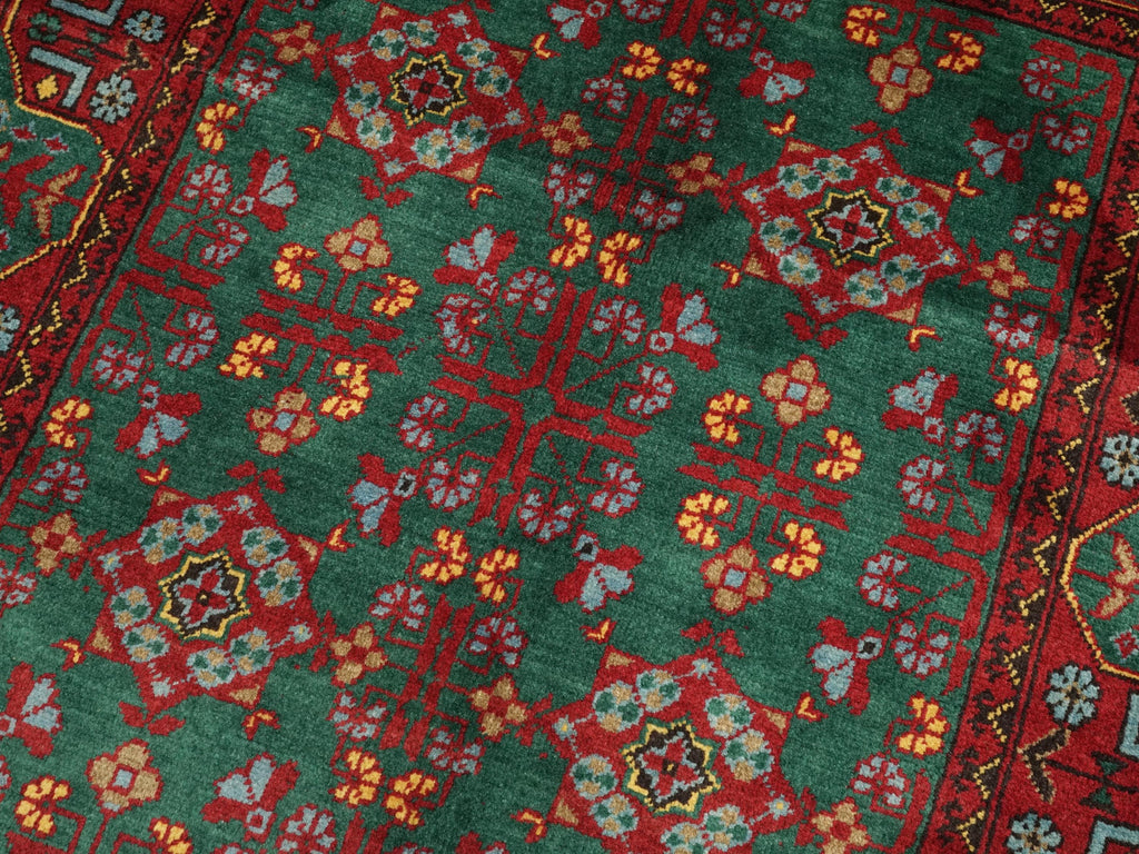 3x5 Ft Green & Red Ersari Rug - Afghan Wool Rug - Turkmen Design
