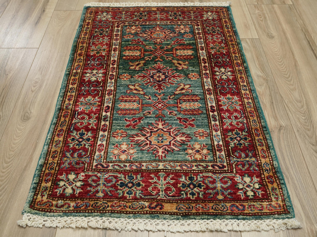 2x3 Ft Green Kazak Rug - Afghan Handmade Area Rug