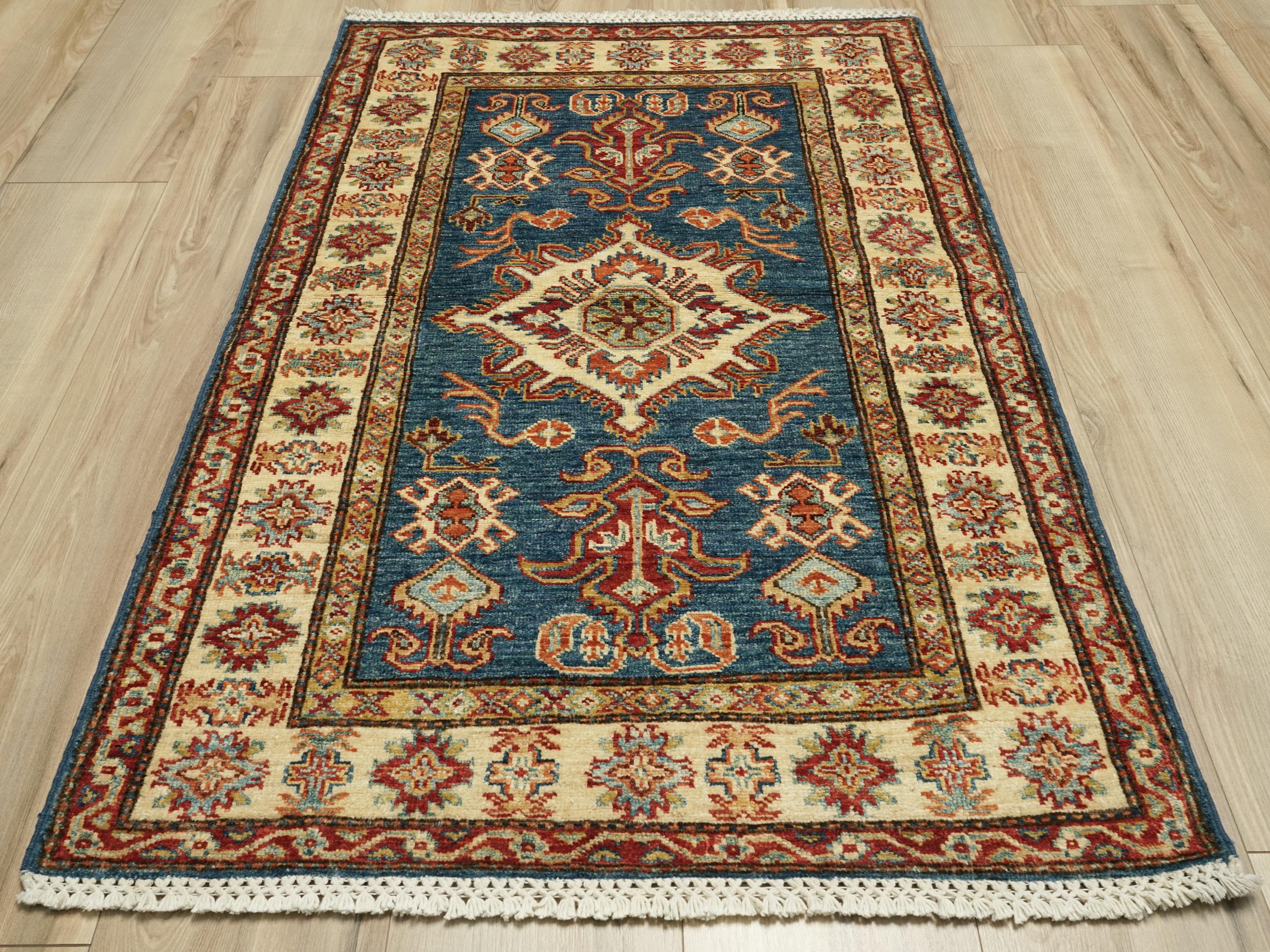3x4 Ft Blue Kazak Rug - Afghan Handmade Area Rug