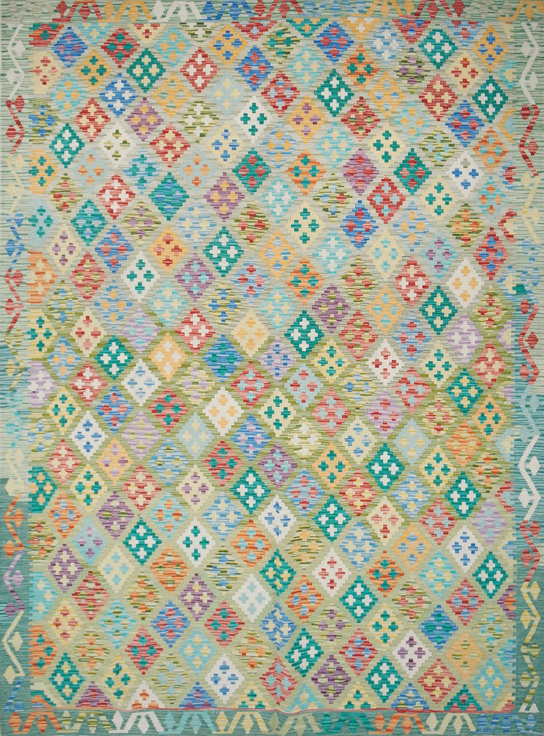 7x10 Ft Green Maimana Kilim Rug - Flat Weave Afghan Rug