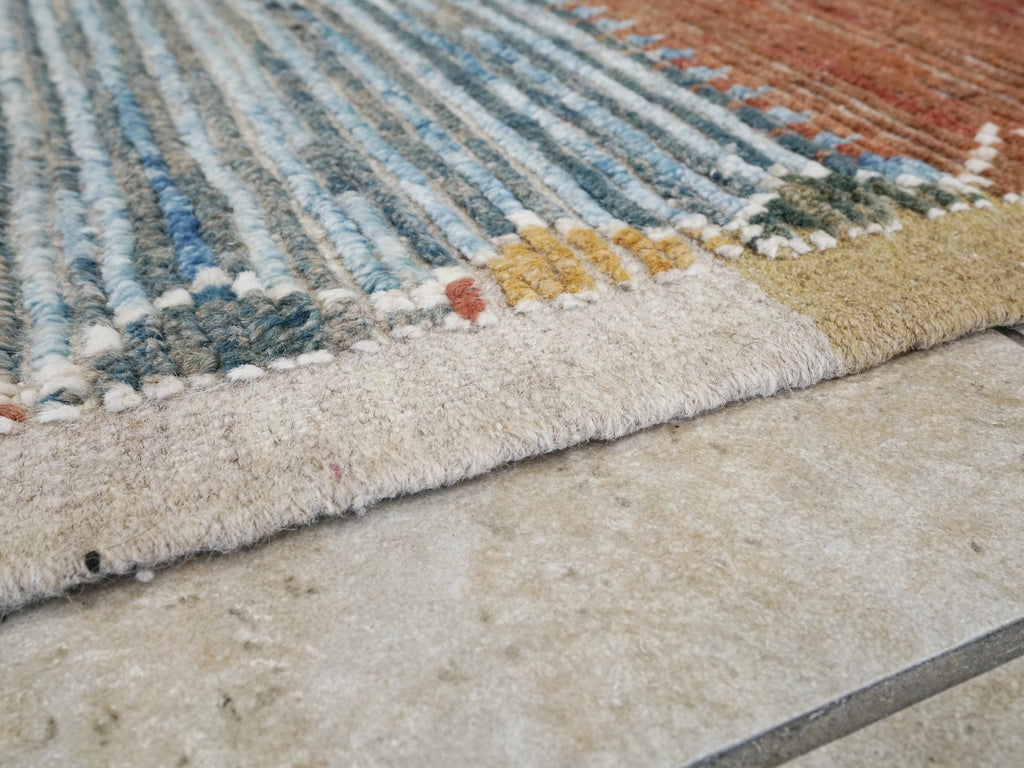 7x10 Ft Hand Knotted Afghan Wool Rug: Orange & Blue Moroccan Rug