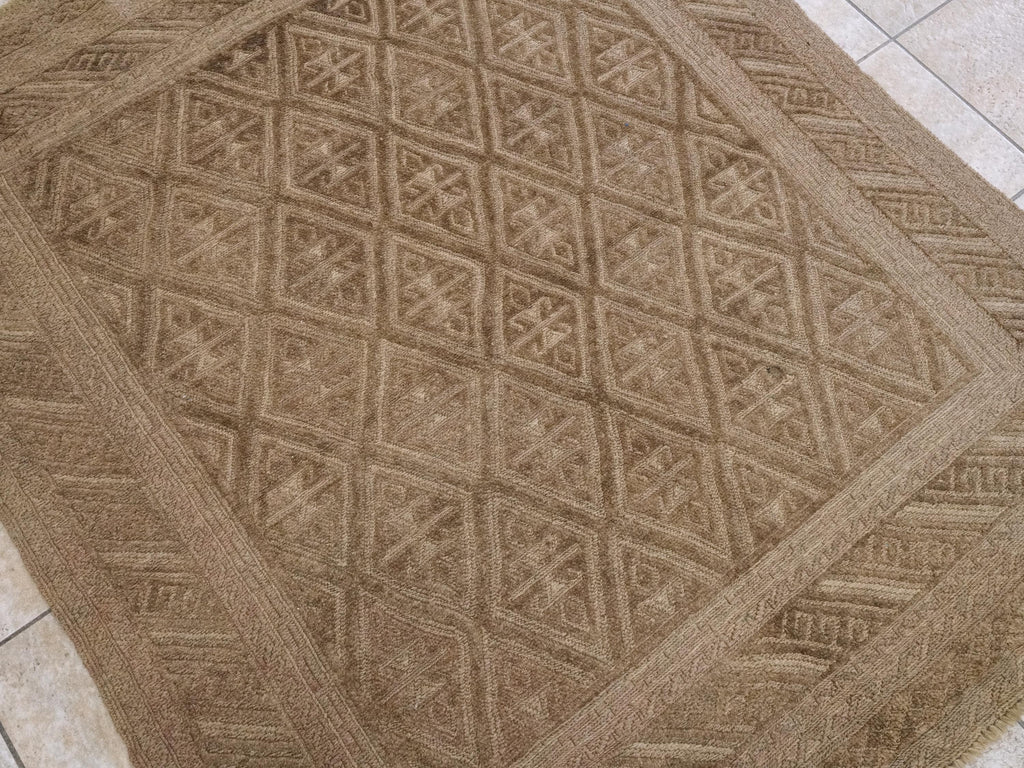 5x6 FT Hand Knotted Wool Kilim Rug - Brown Tribal Flatweave