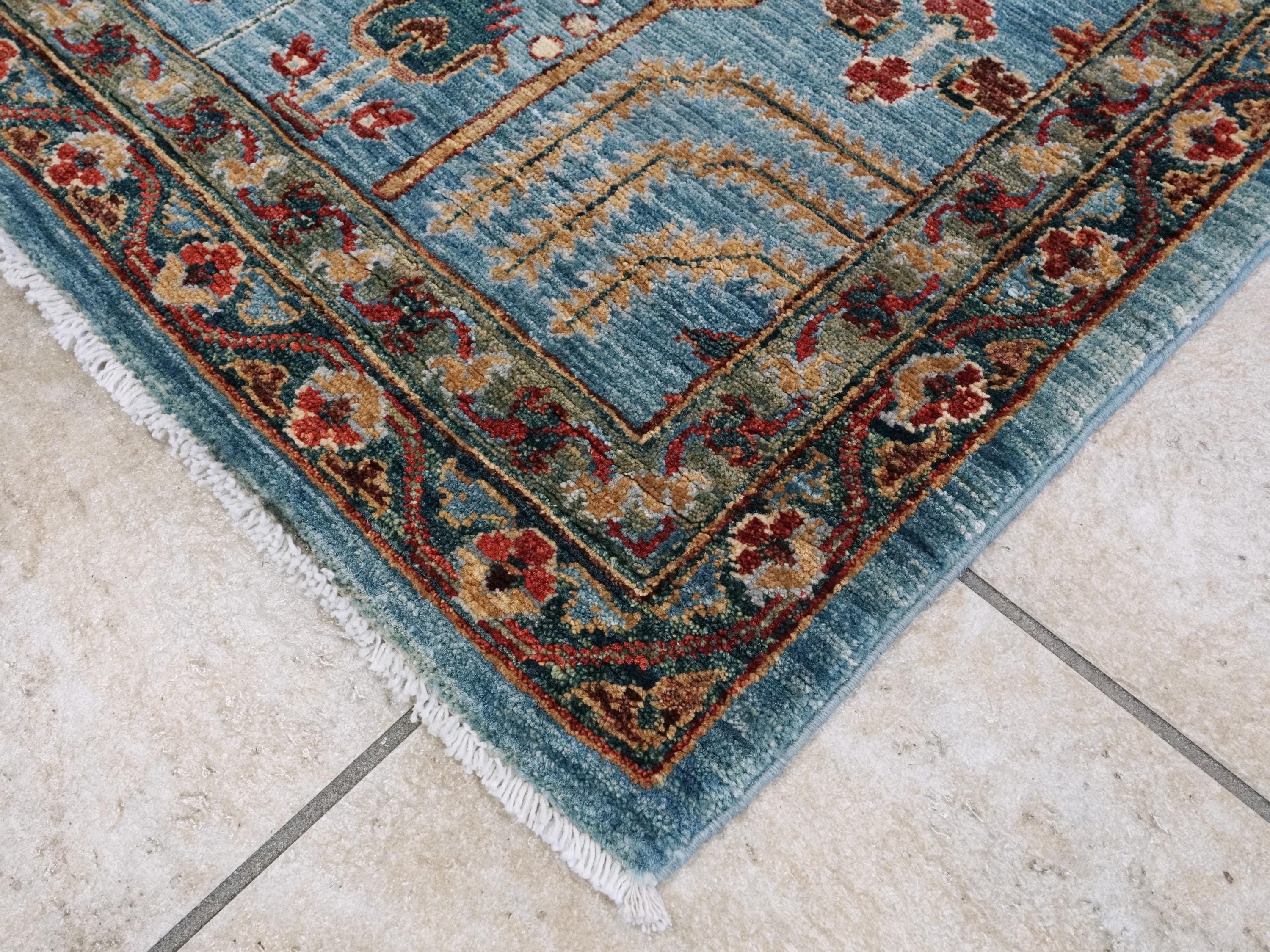 6x9 Ft Blue Serapi Rug - Afghan Wool Oriental Rug - Floral Design