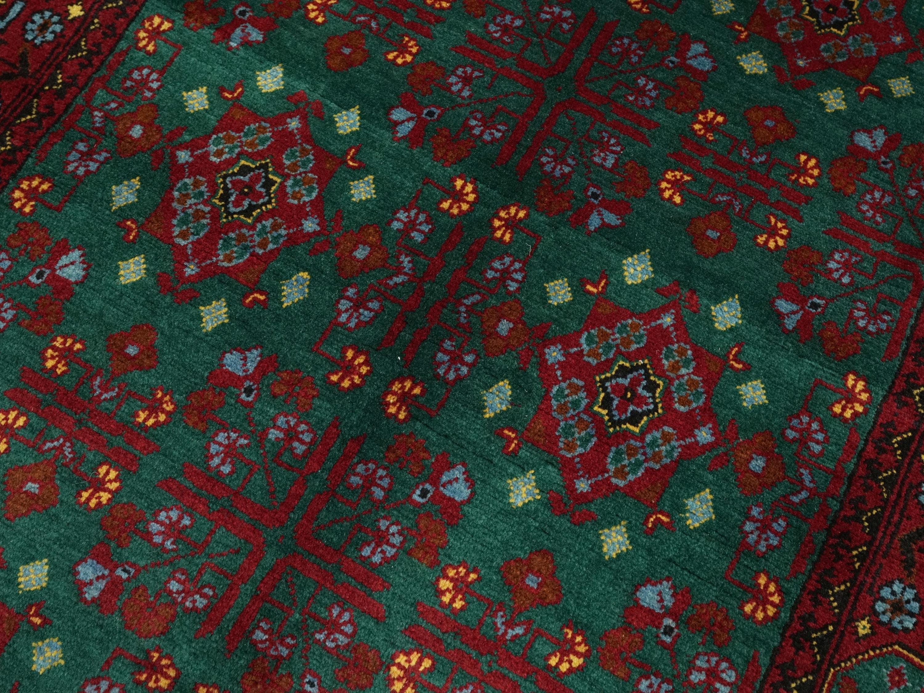 3x5 Ft Green Ersari Rug - Hand Knotted Oriental Area Rug - Turkmen Design