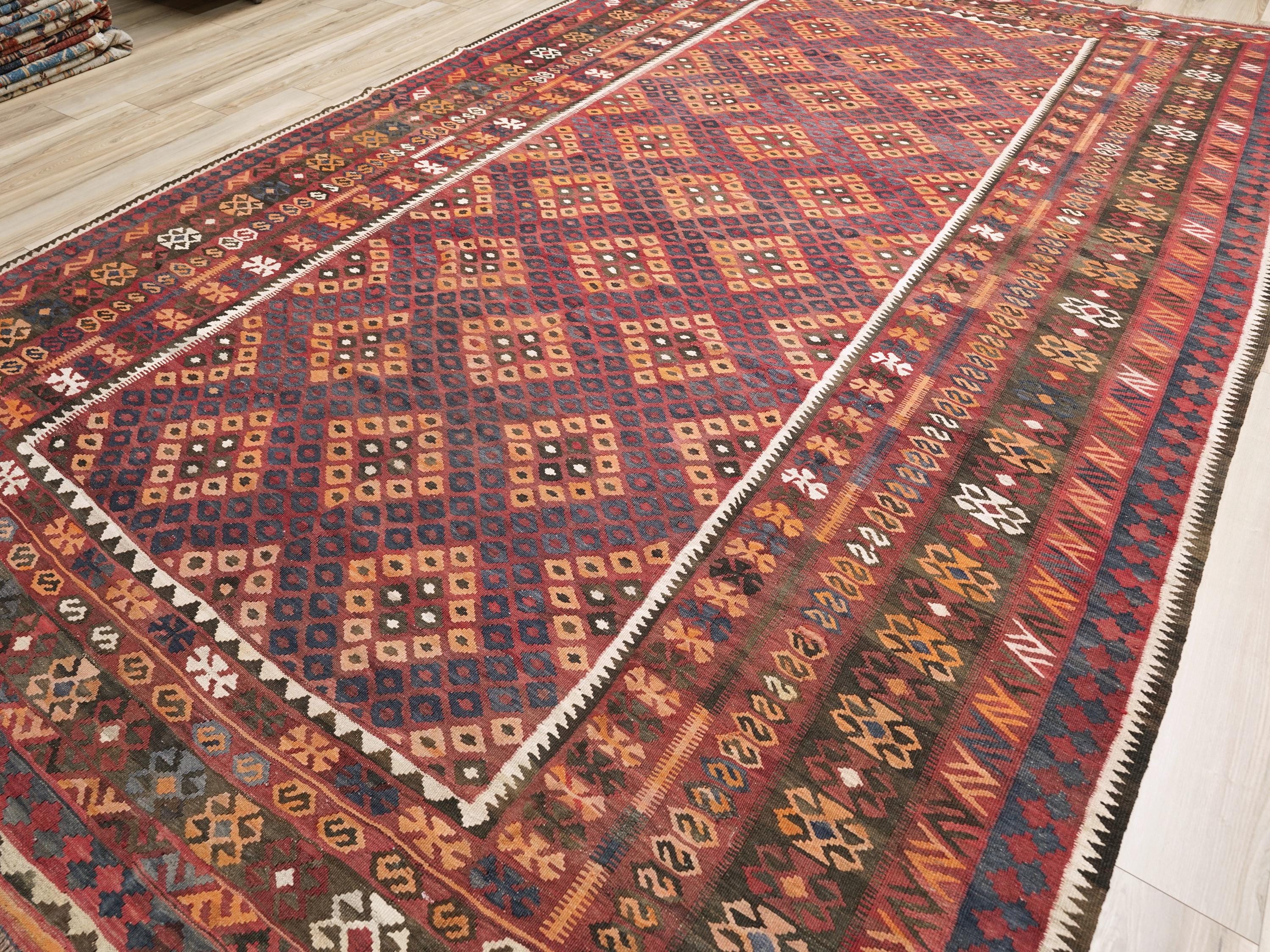9x14 Ft Burgundy Maimana Kilim Rug - Vintage Flat Weave - Tribal Design