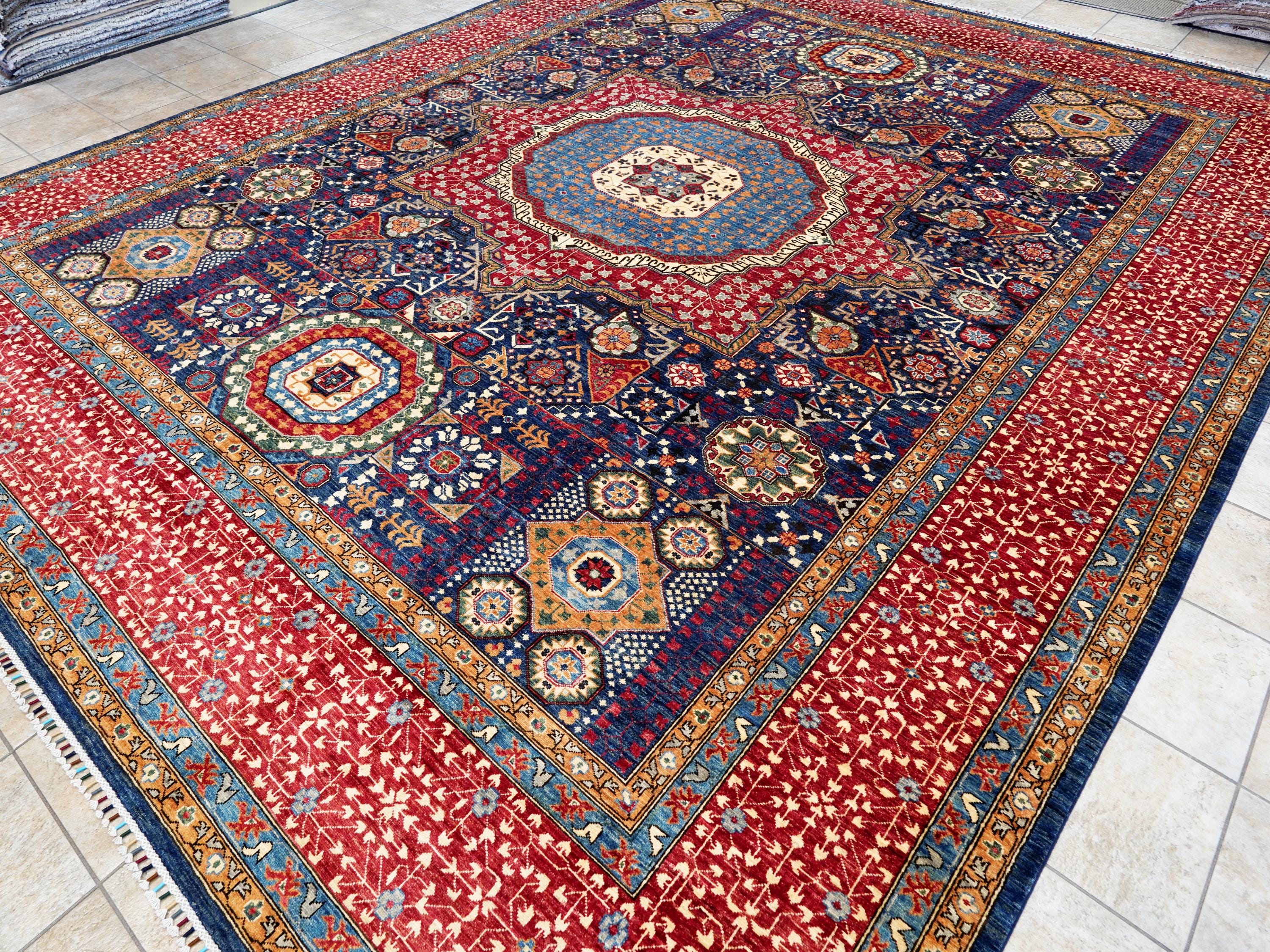 12x15 Ft Red & Blue Mamluk Rug - Handmade Afghan Oriental Rug - Oversize
