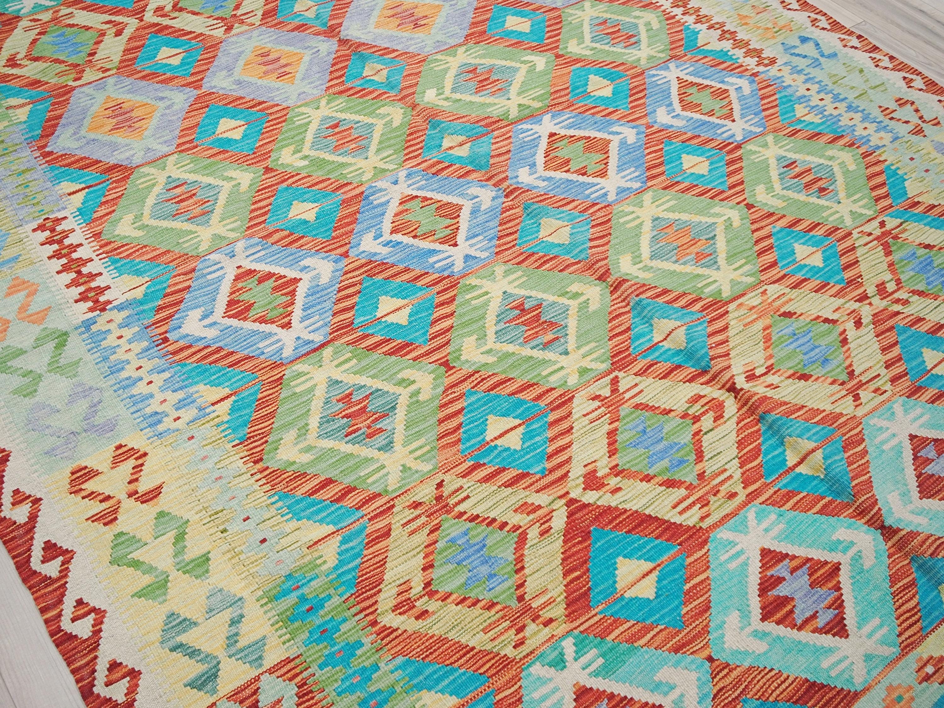 7x10 Ft Afghan Kilim Rug - Green & Orange Flat Weave - Tribal Design