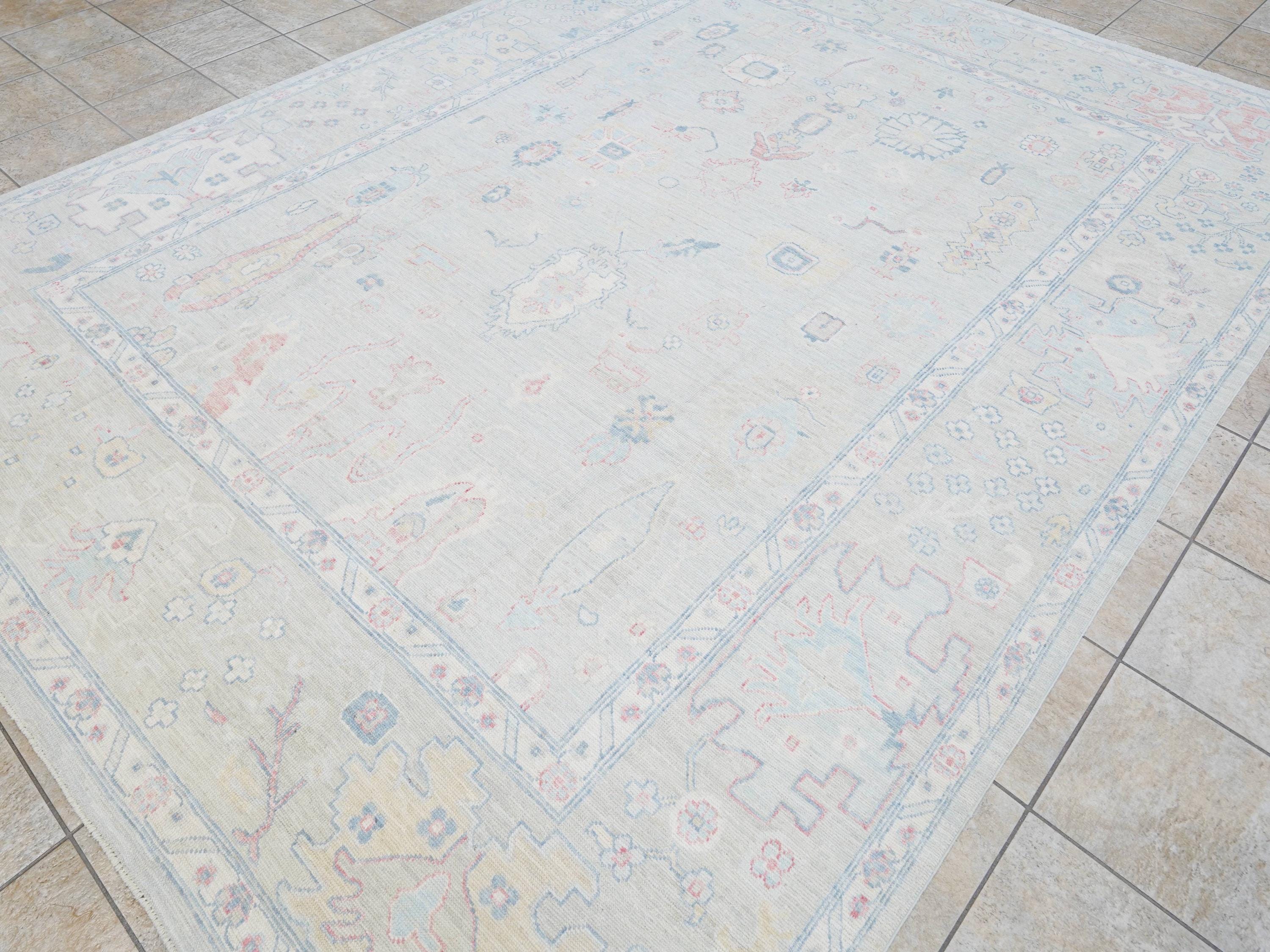 9x12 Ft Pastel Oushak Rug - Handmade Area Rug - Floral Design