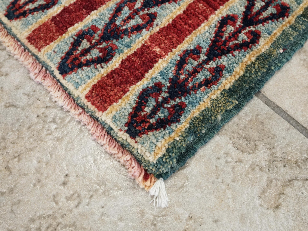 1x2 Ft Hand Knotted Heriz Rug - Red & Green Afghan Wool