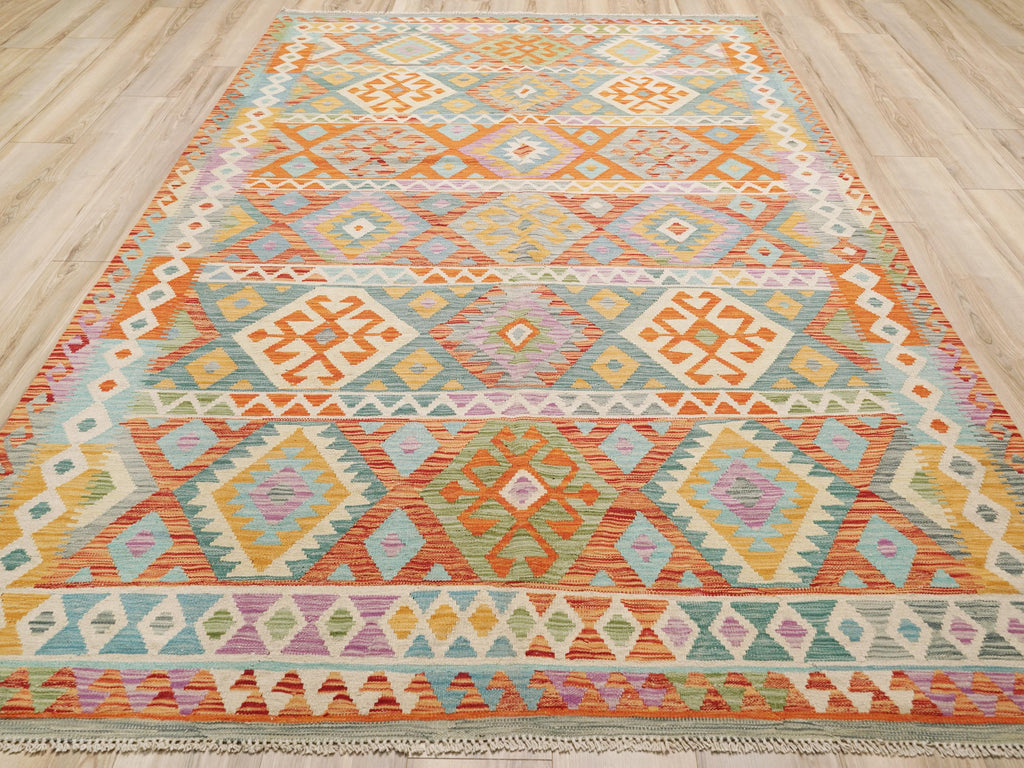 7x10 Ft Maimana Kilim Rug - Red & Green Flat Weave Afghan Rug