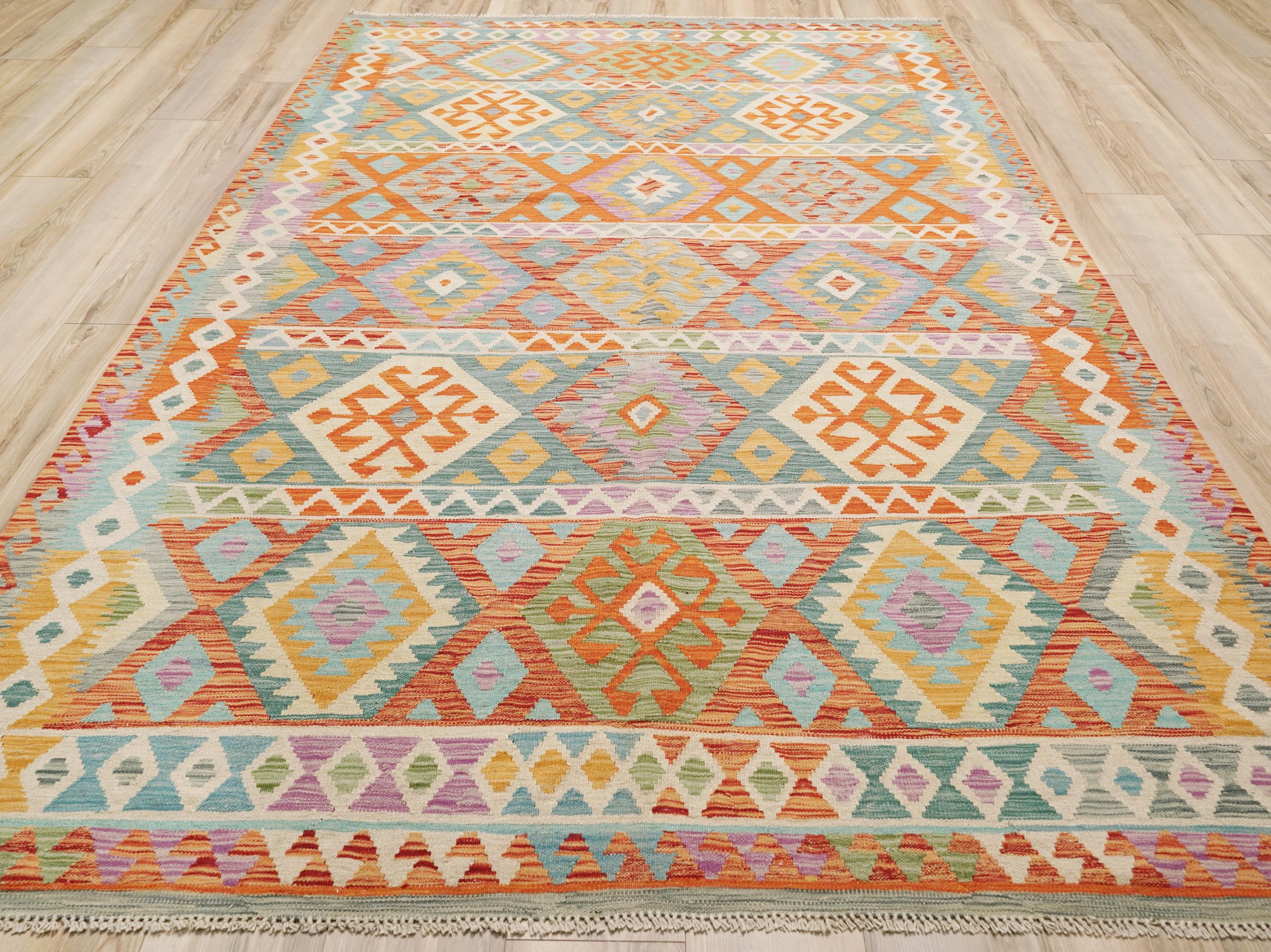 7x10 Ft Maimana Kilim Rug - Red & Green Flat Weave Afghan Rug