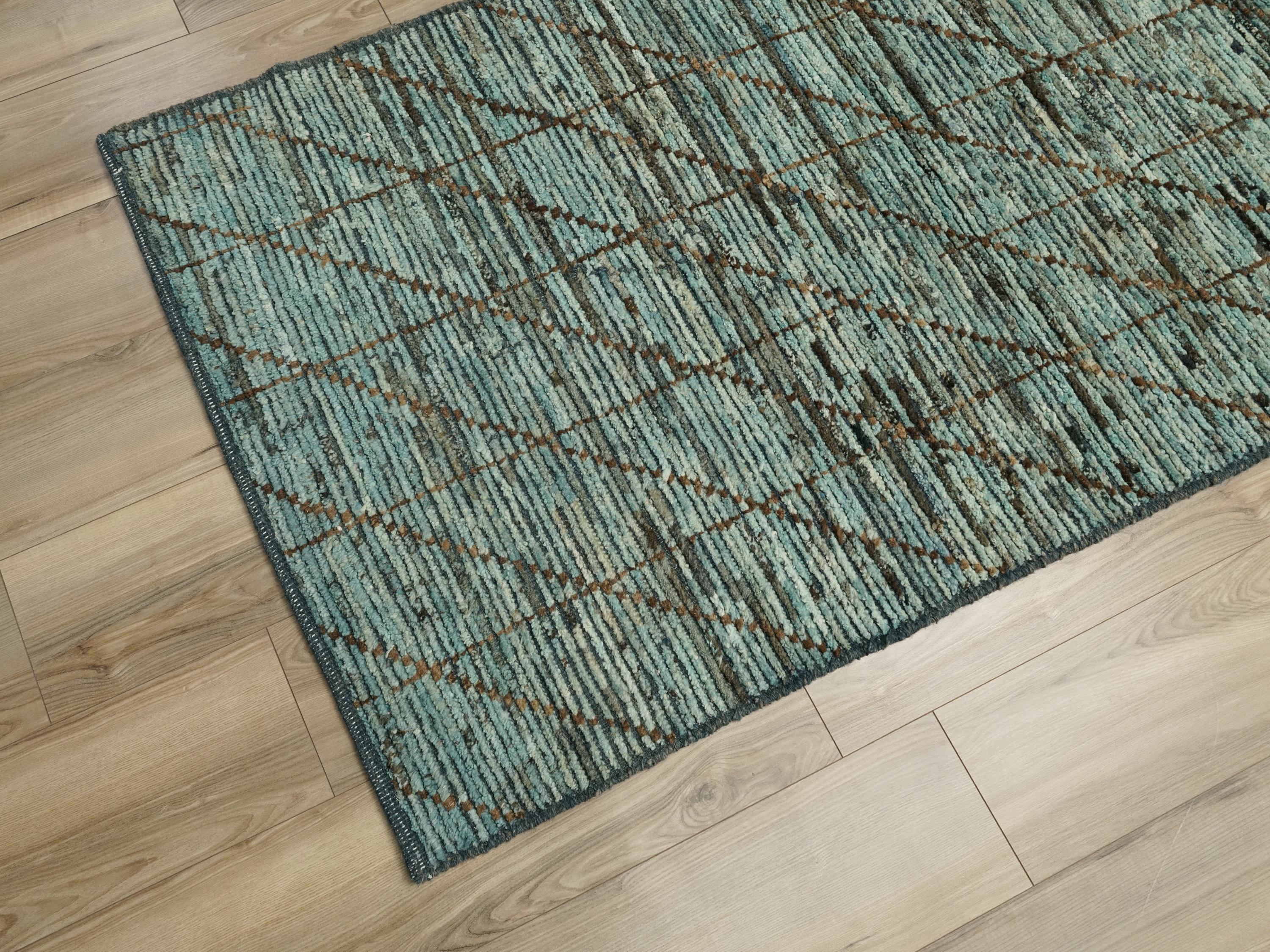 13 Ft Cyan Moroccan Runner Rug - Afghan Handmade Wool Hallway Rug