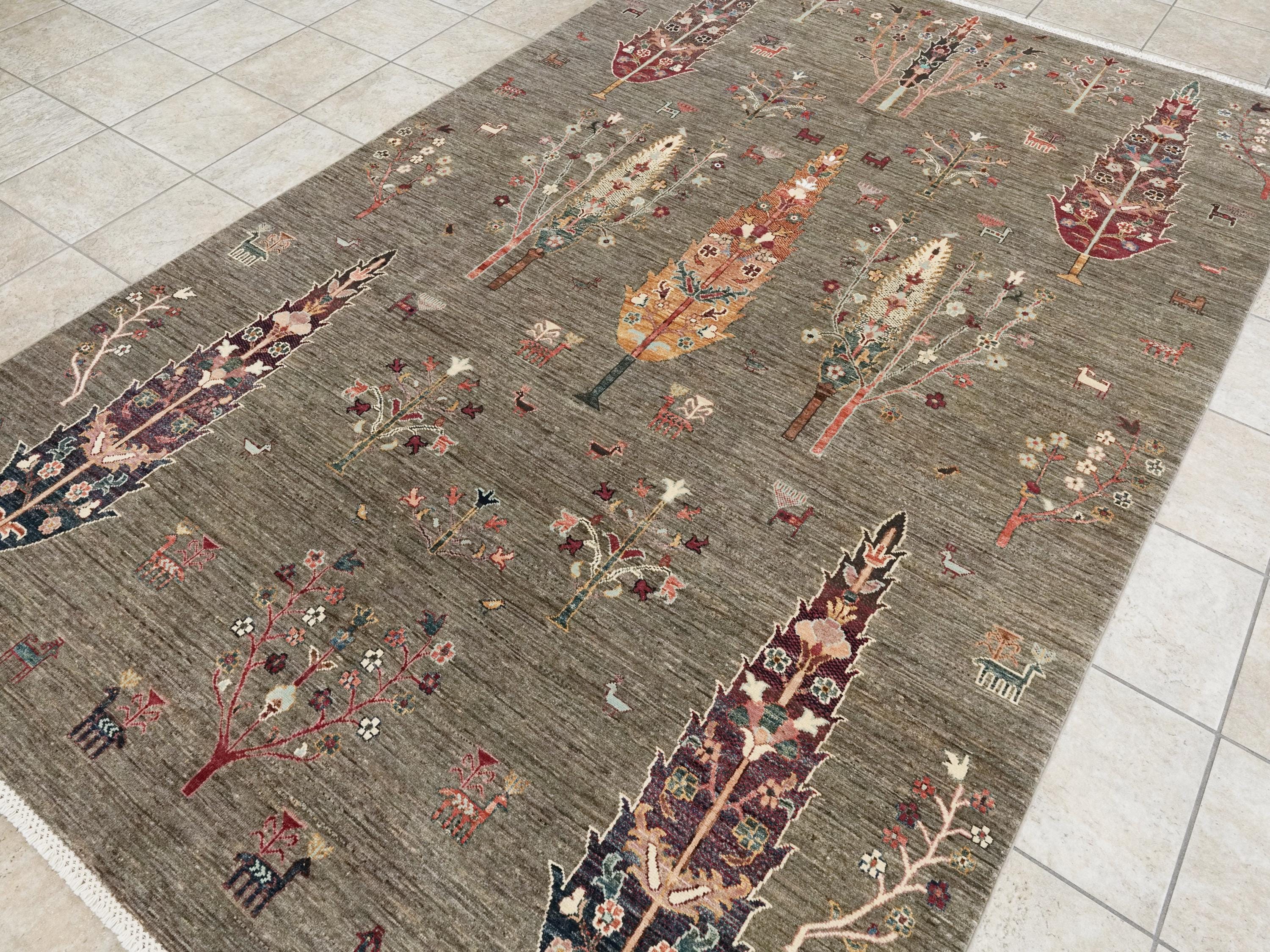 7x10 Ft Dark Brown Serapi Rug - Handmade Afghan Wool Rug - Floral Design