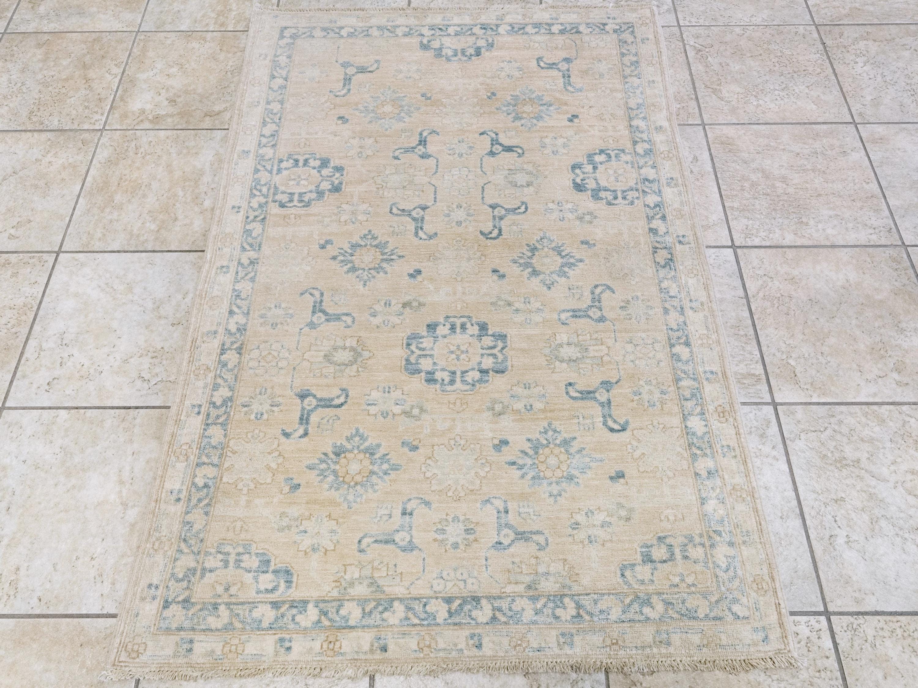 3x5 Ft Beige & Blue Serapi Rug - Oriental Wool Rug - Floral Design