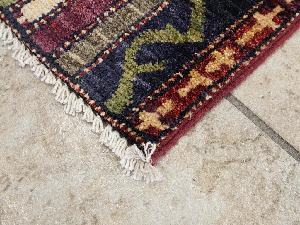 1x2 Ft Hand Knotted Purple Heriz Rug - Afghan Wool Accent Rug