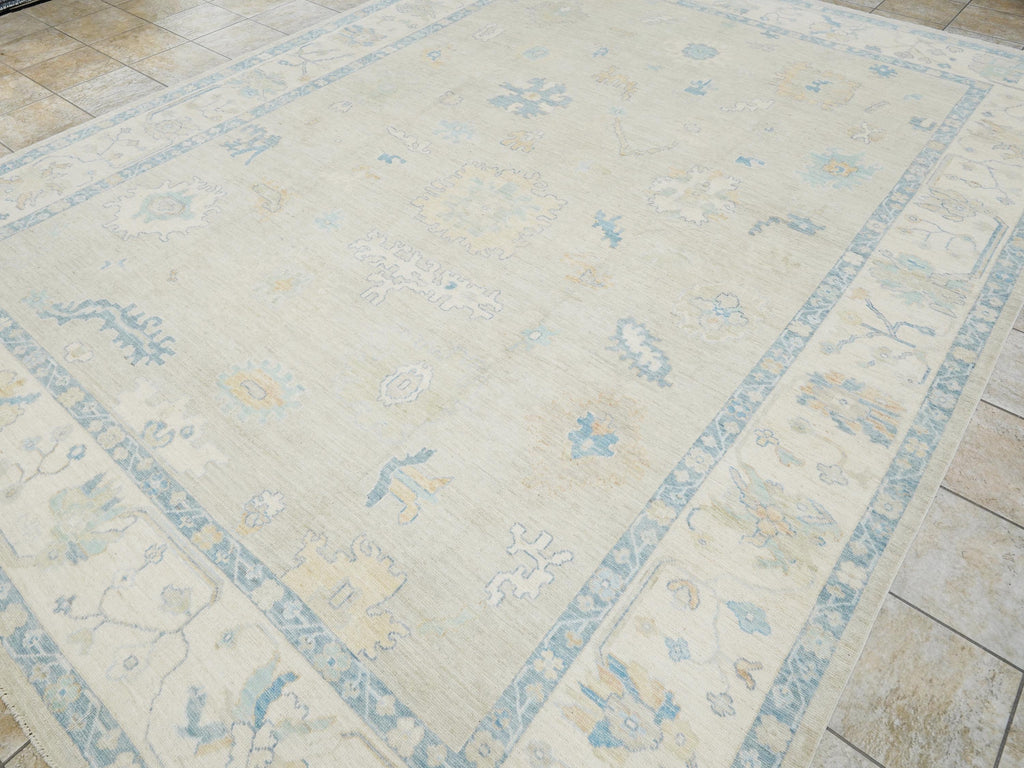 10x14 Ft Blue Oushak Rug - Hand Knotted Afghan Rug - Turkish Floral Design