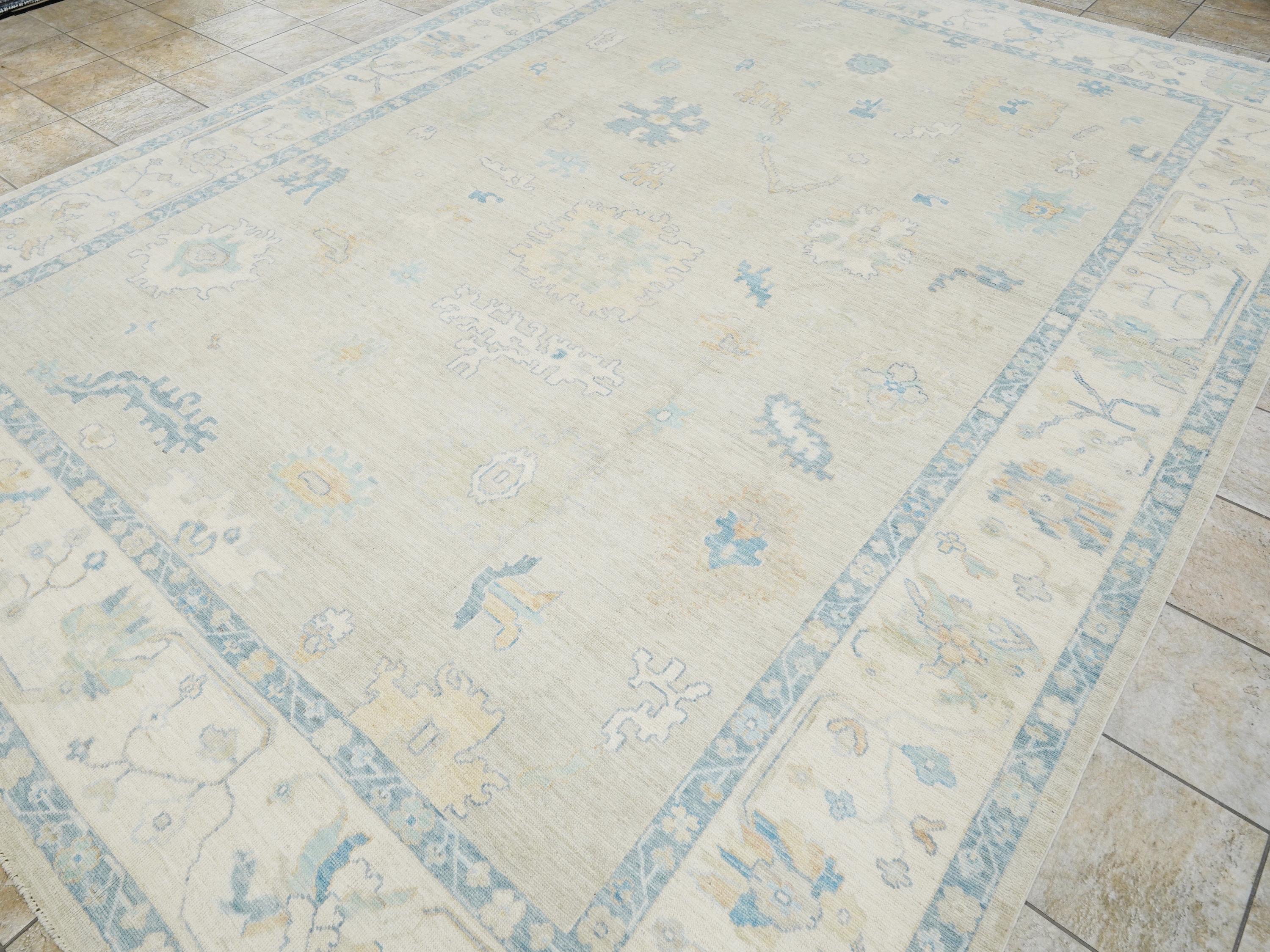 10x14 Ft Blue Oushak Rug - Hand Knotted Afghan Rug - Turkish Floral Design