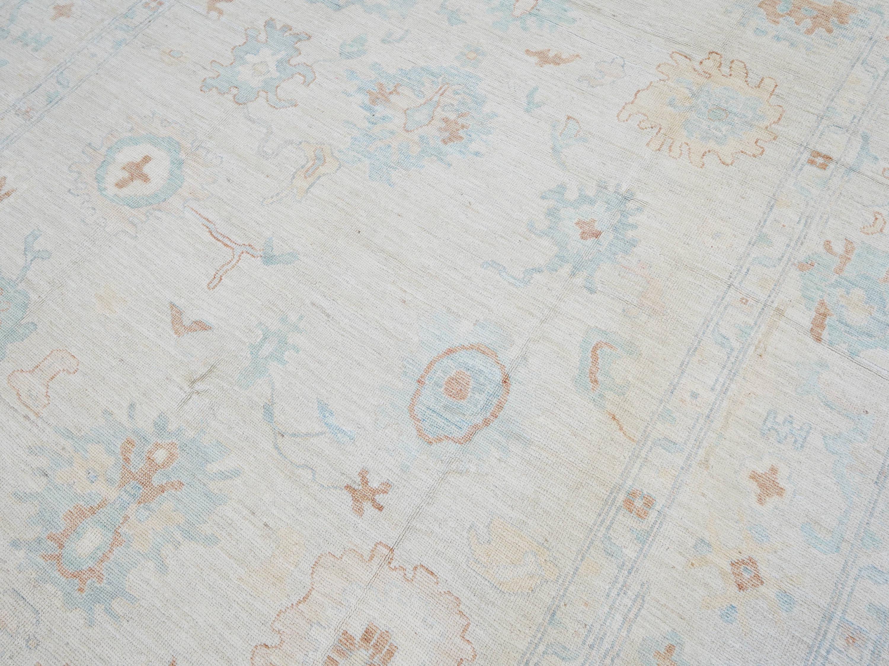 9x12 Ft Pastel Oushak Rug - Blue Handmade Area Rug - Floral Design