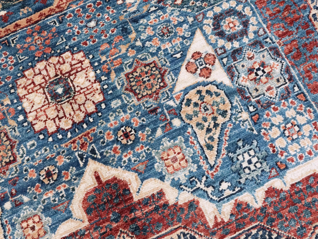 6x9 Ft Blue Mamluk Rug - Hand Knotted Afghan Wool Rug - Geometric Design