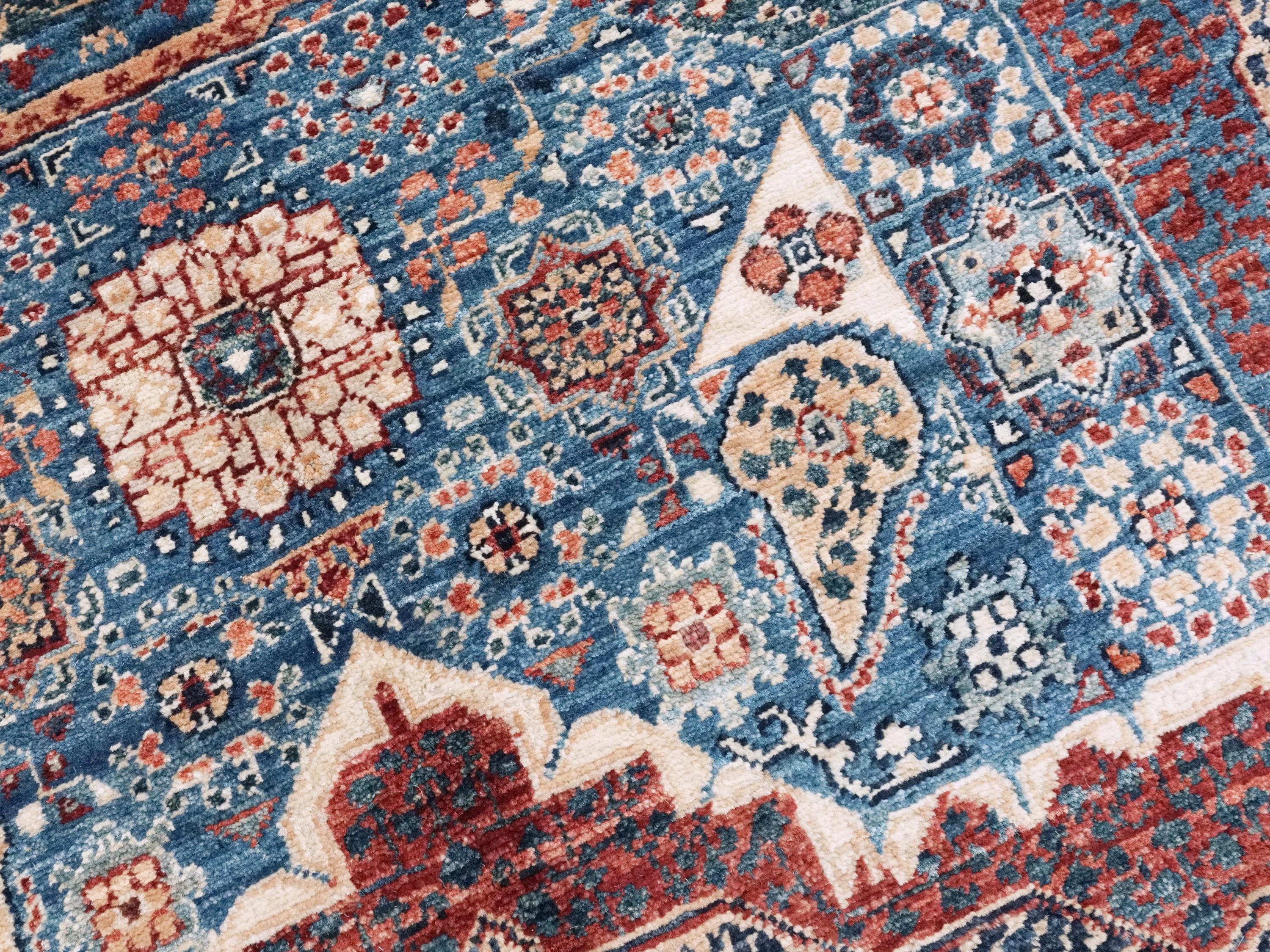 6x9 Ft Blue Mamluk Rug - Hand Knotted Afghan Wool Rug - Geometric Design
