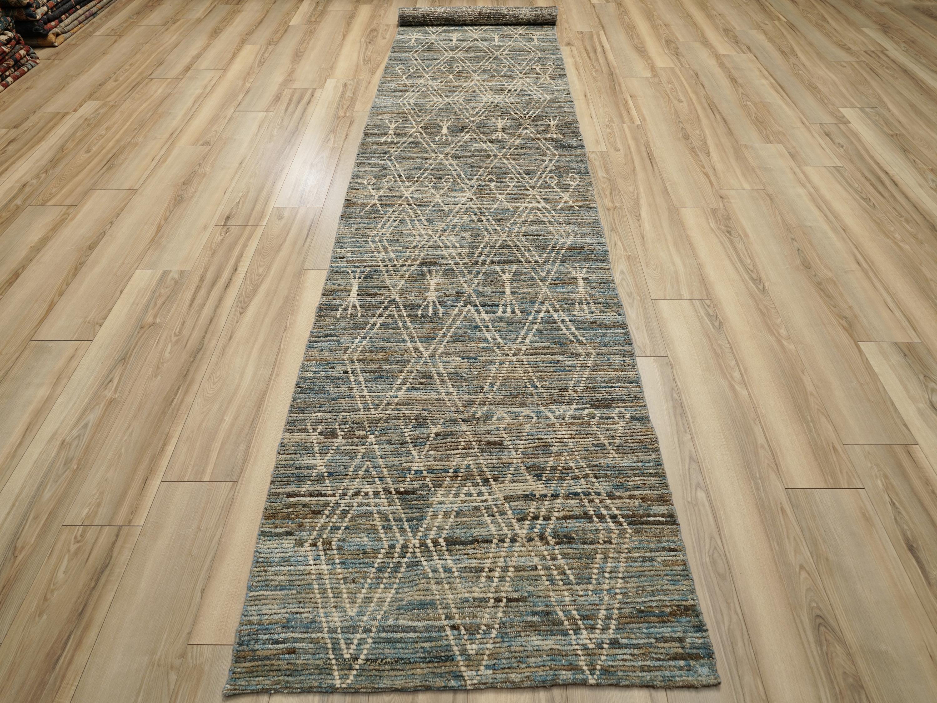 16 Ft Blue Moroccan Wool Runner Rug - Afghan Handmade Hallway Rug