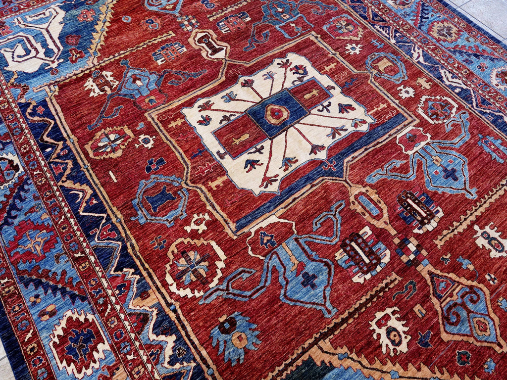 9x12 Ft Red & Blue Heriz Rug - Afghan Oriental Area Rug - Persian Design