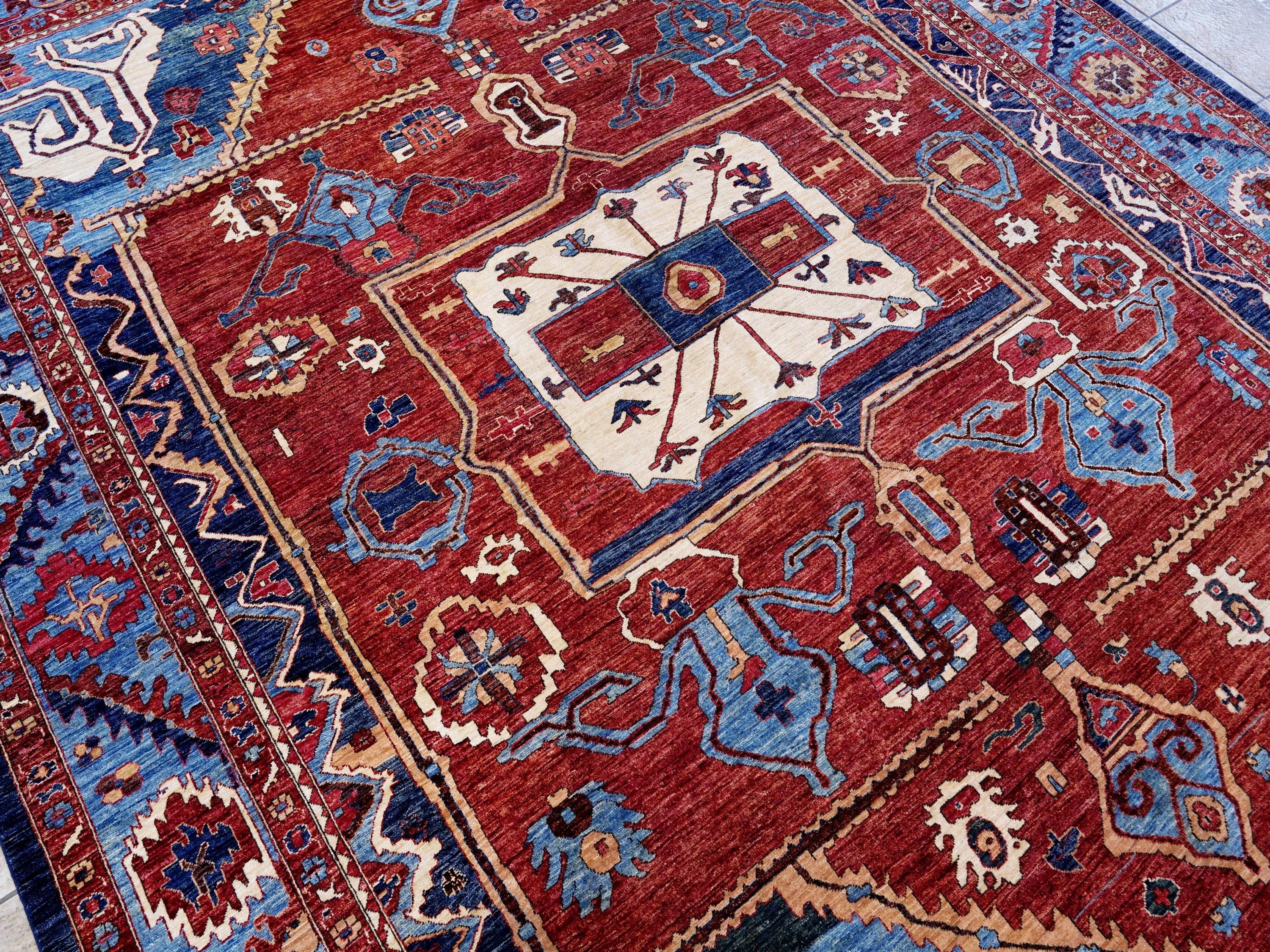 9x12 Ft Red & Blue Heriz Rug - Afghan Oriental Area Rug - Persian Design