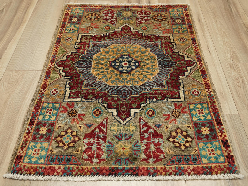 2x3 Ft Hand Knotted Mamluk Rug - Brown & Red Oriental Accent Rug