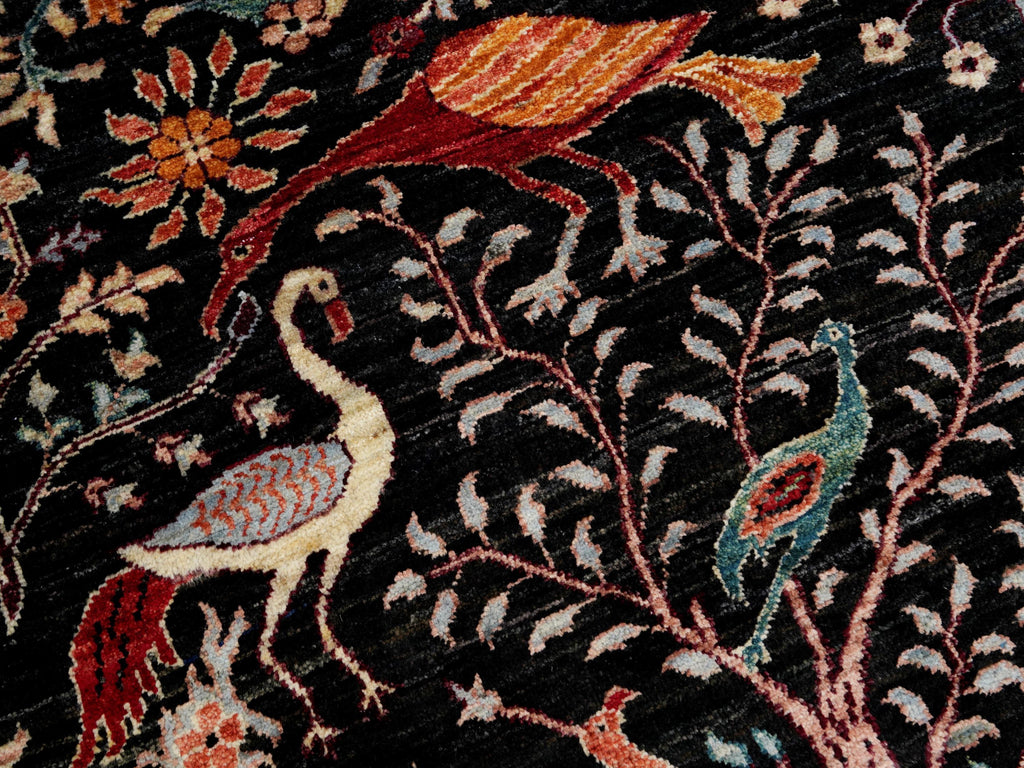 4x6 Ft Black Bird Rug - Hand Knotted Oriental Rug - Garden Design