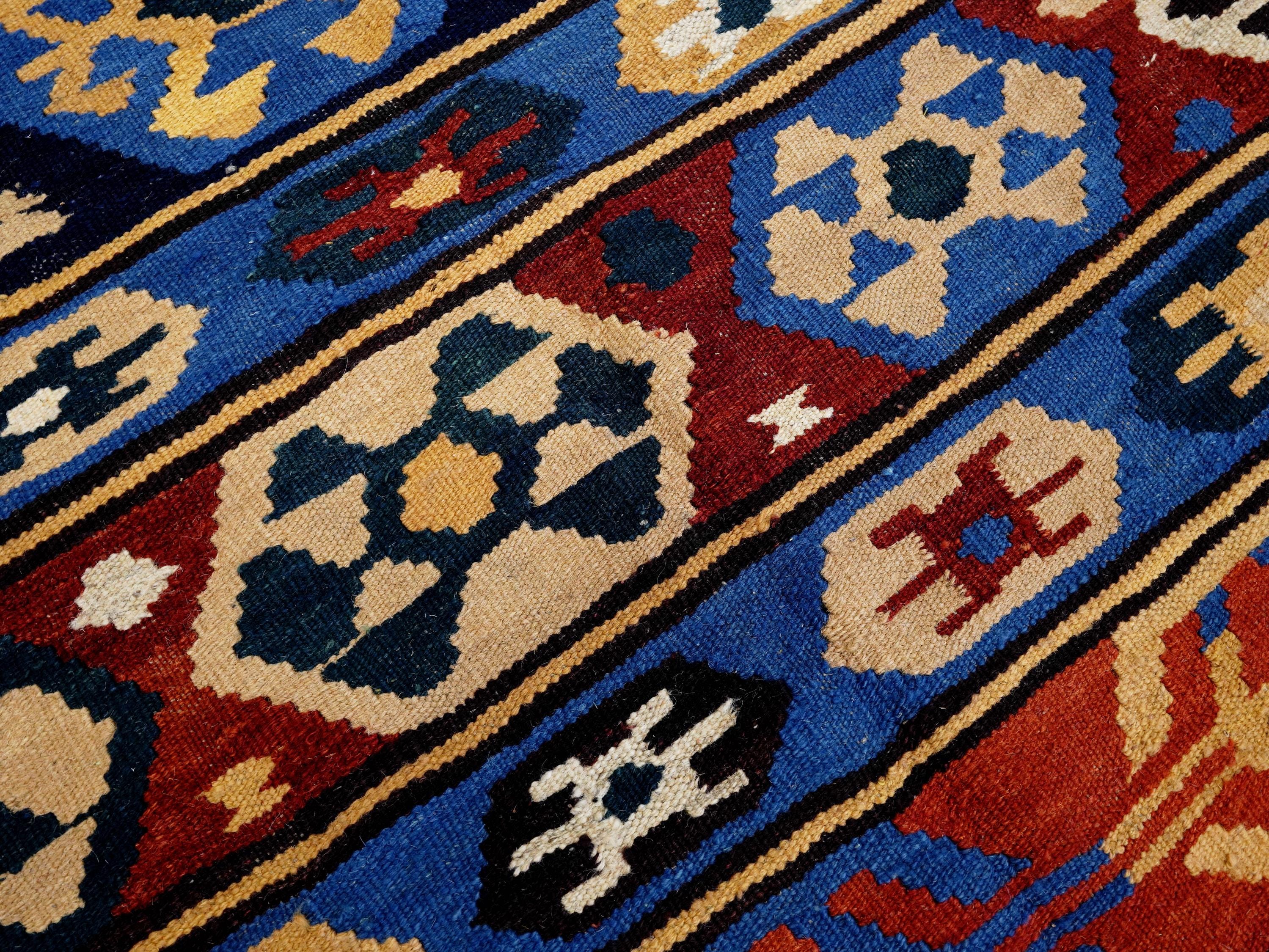 5x7 Ft Blue & Red Kilim Rug - Handwoven Afghan Flat Weave - Tribal Design