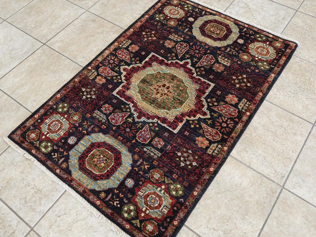 3x4 Ft Black Mamluk Afghan Rug - Handmade Wool Oriental Rug