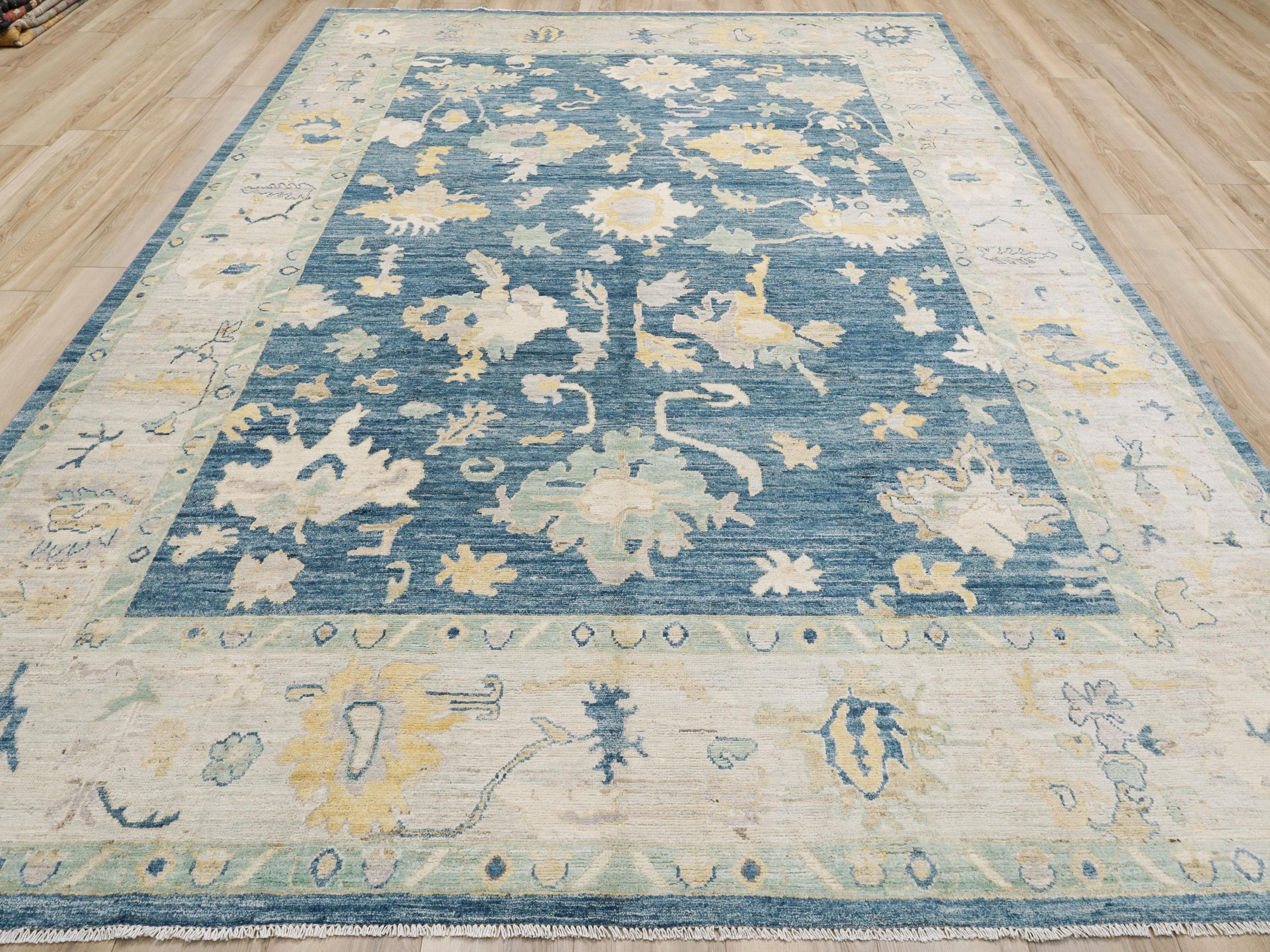 9x12 Ft Hand Knotted Oushak Rug - Blue Handmade Area Rug - Floral Design