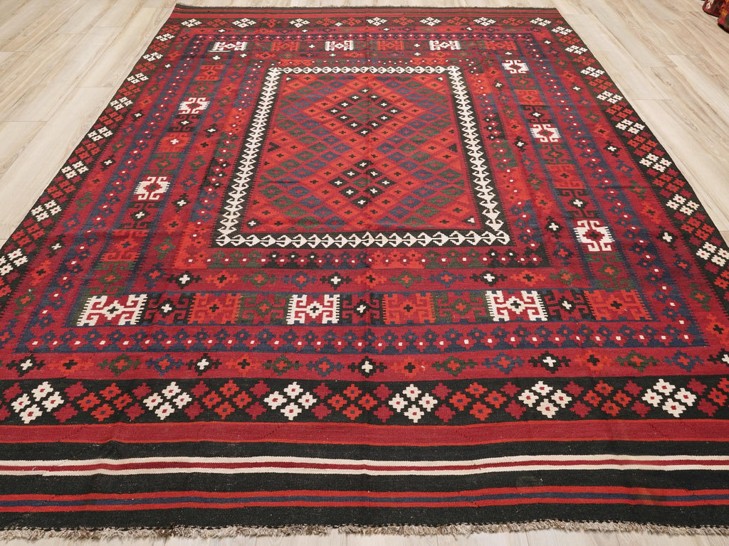 9x11 Ft Red Maimana Kilim Rug - Vintage Afghan Flat Weave