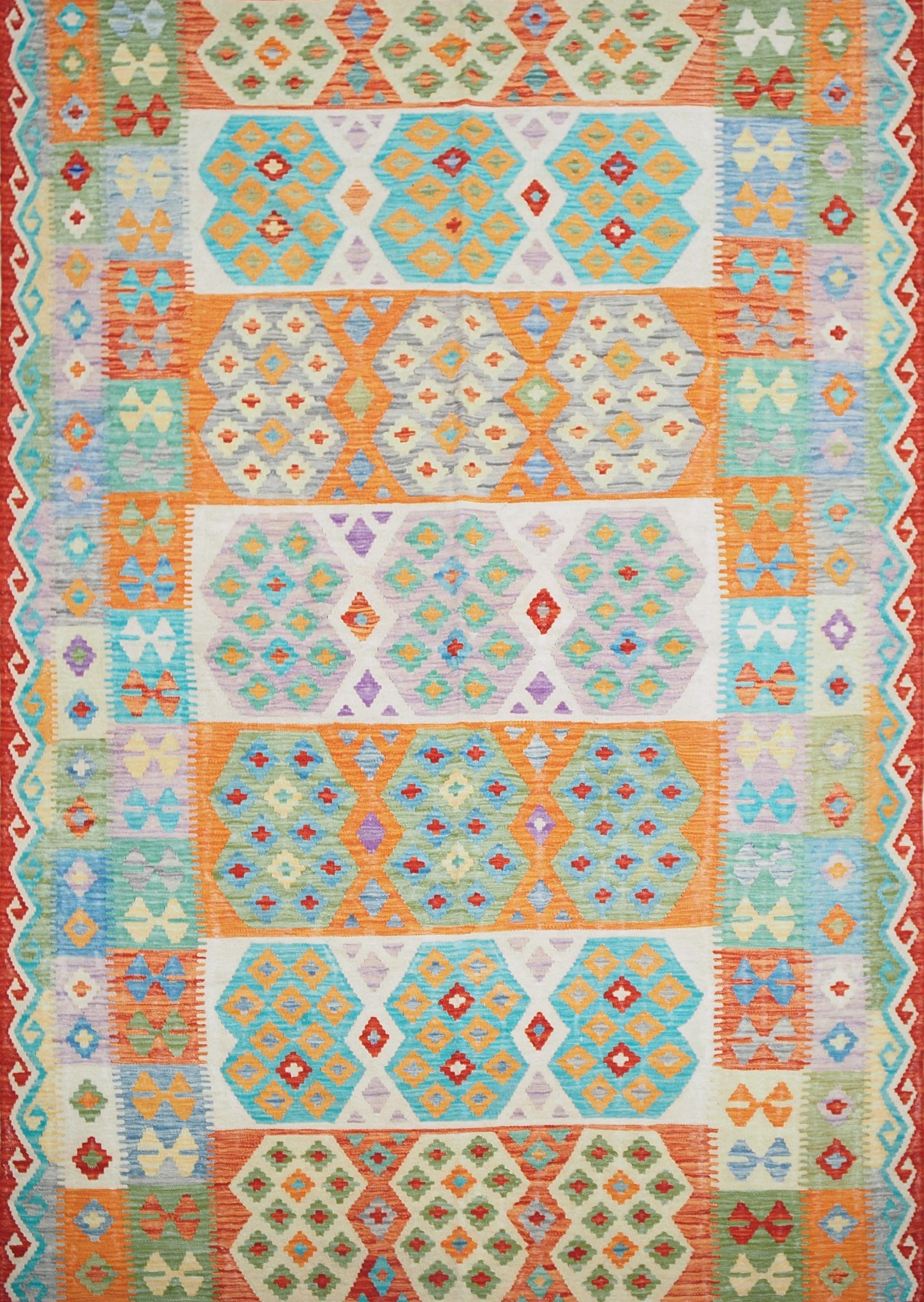 7x10 Ft Orange & Green Kilim Rug - Afghan Tribal Flat Weave
