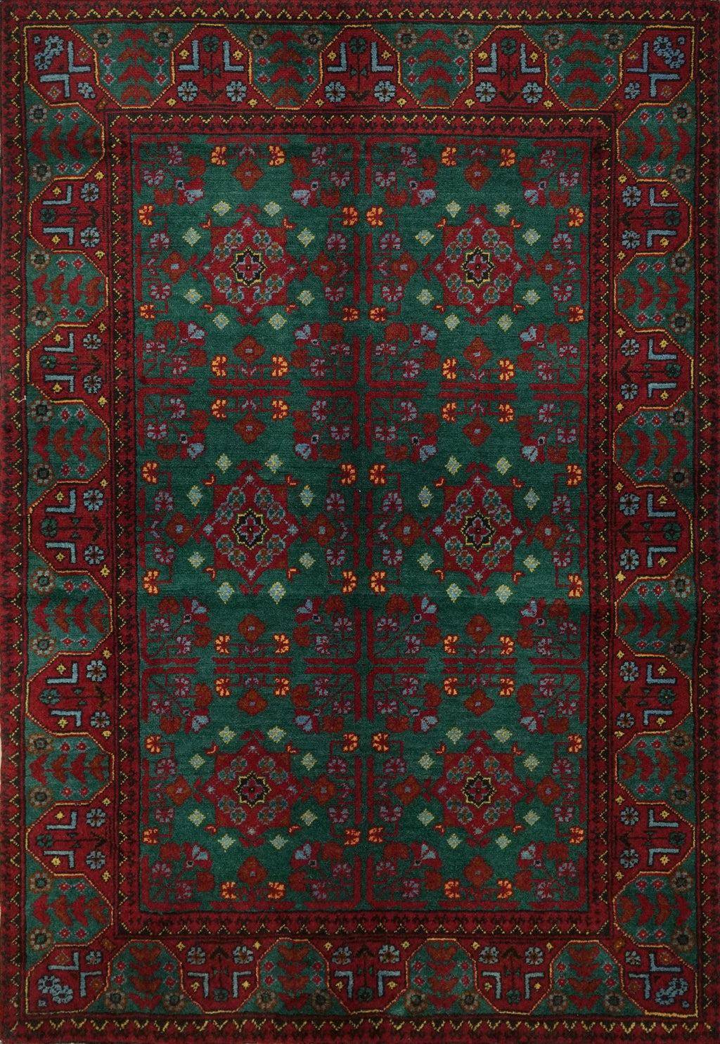 3x5 Ft Green Ersari Rug - Hand Knotted Oriental Area Rug - Turkmen Design