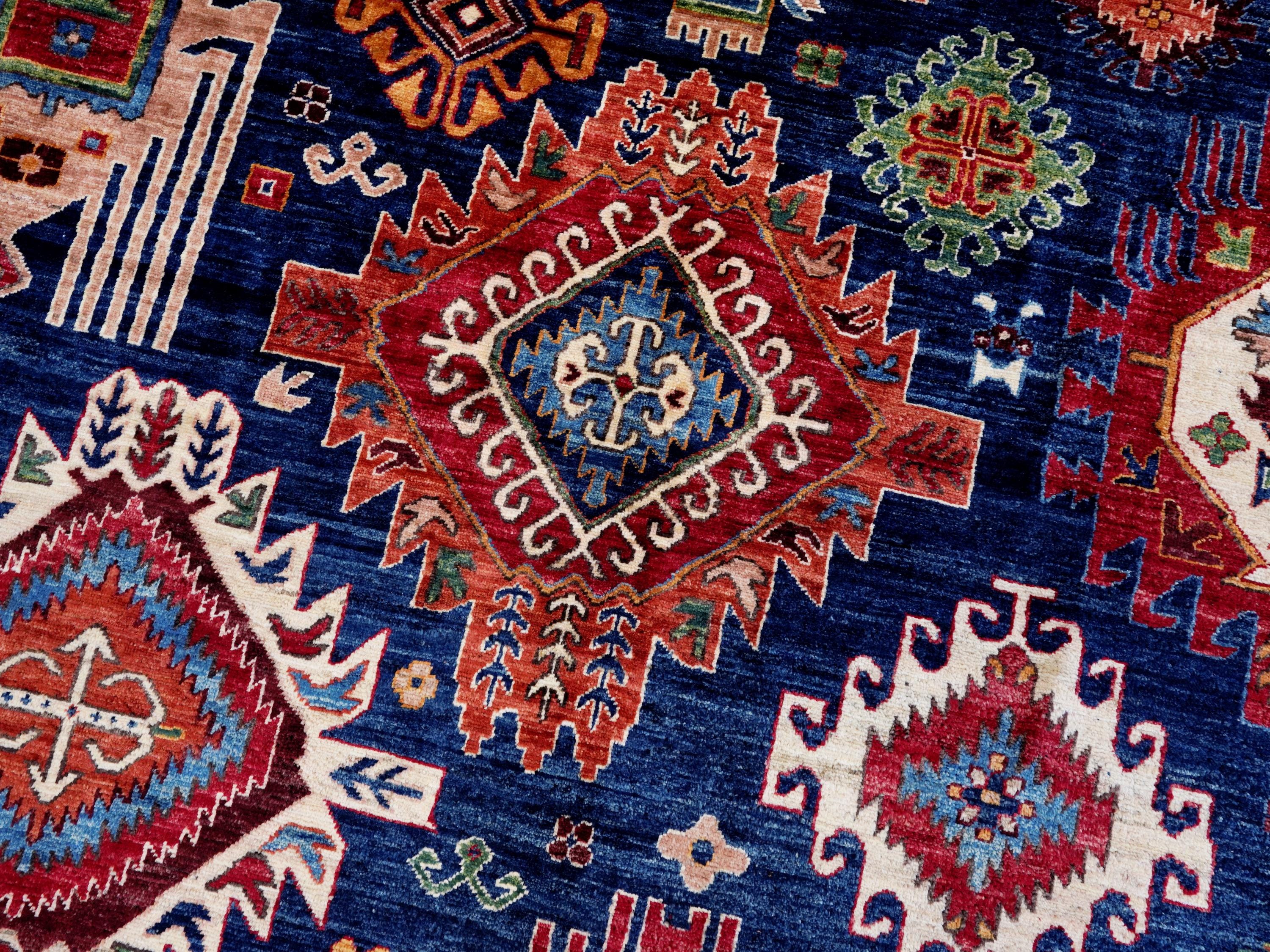9x12 Ft Blue Kazak Rug - Afghan Oriental Area Rug - Persian Design