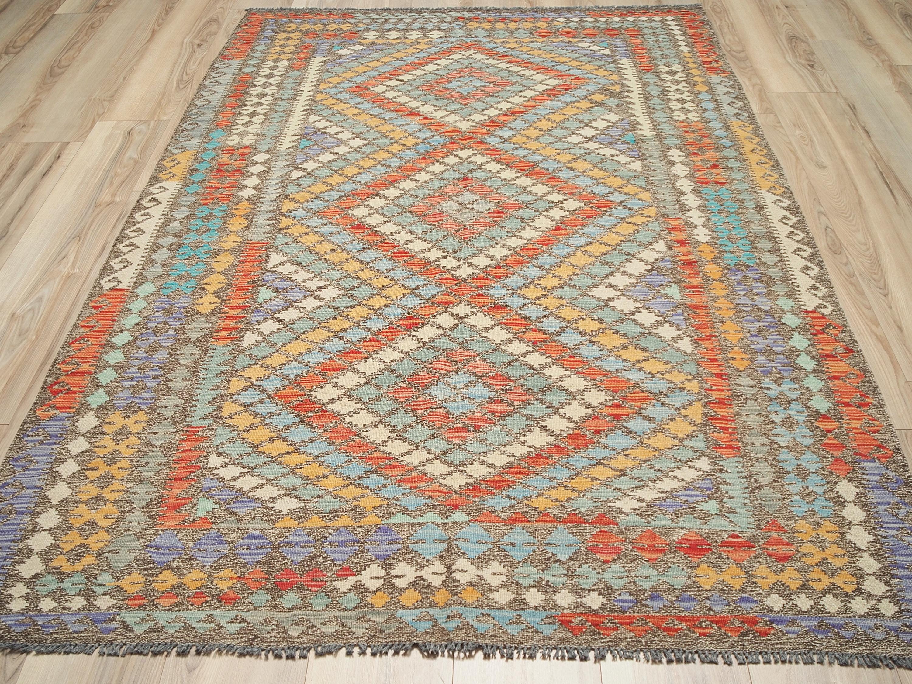 5x8 Ft Red & Orange Wool Kilim Rug - Flat Weave Scandinavian Tribal Design