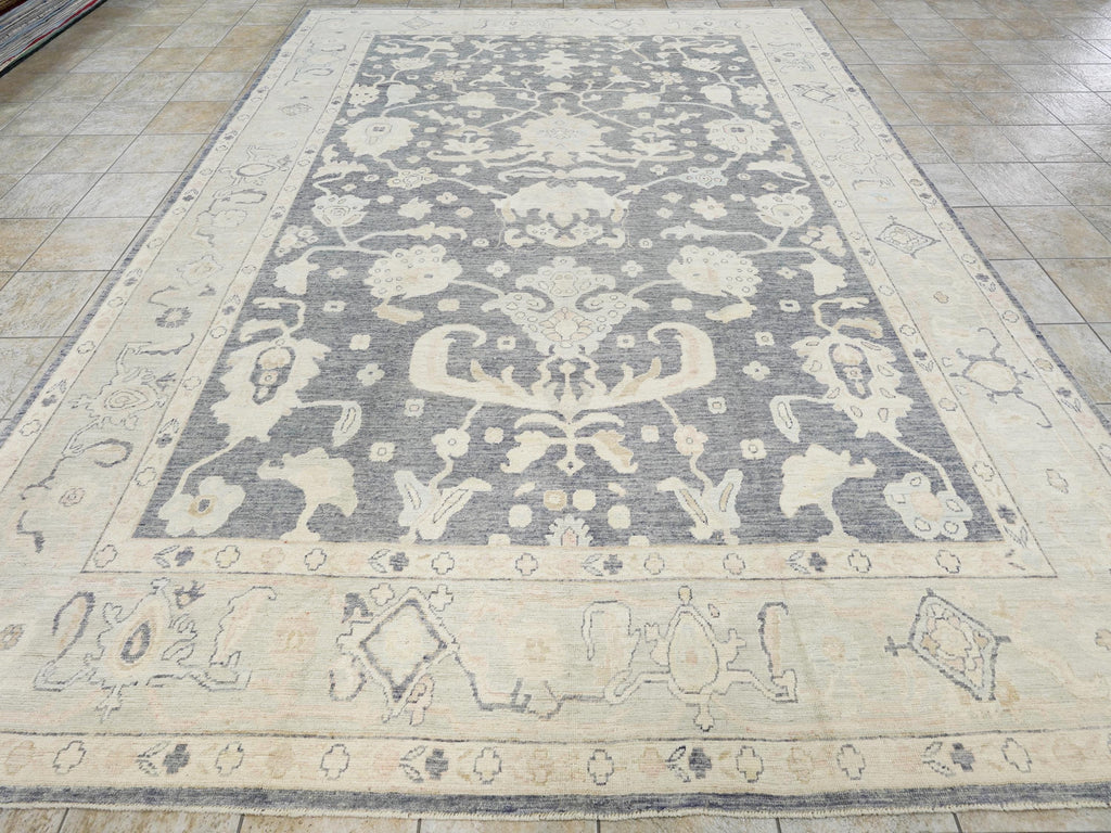10x14 Ft Light Black Oushak Rug - Hand Knotted Afghan Rug - Turkish Floral Design