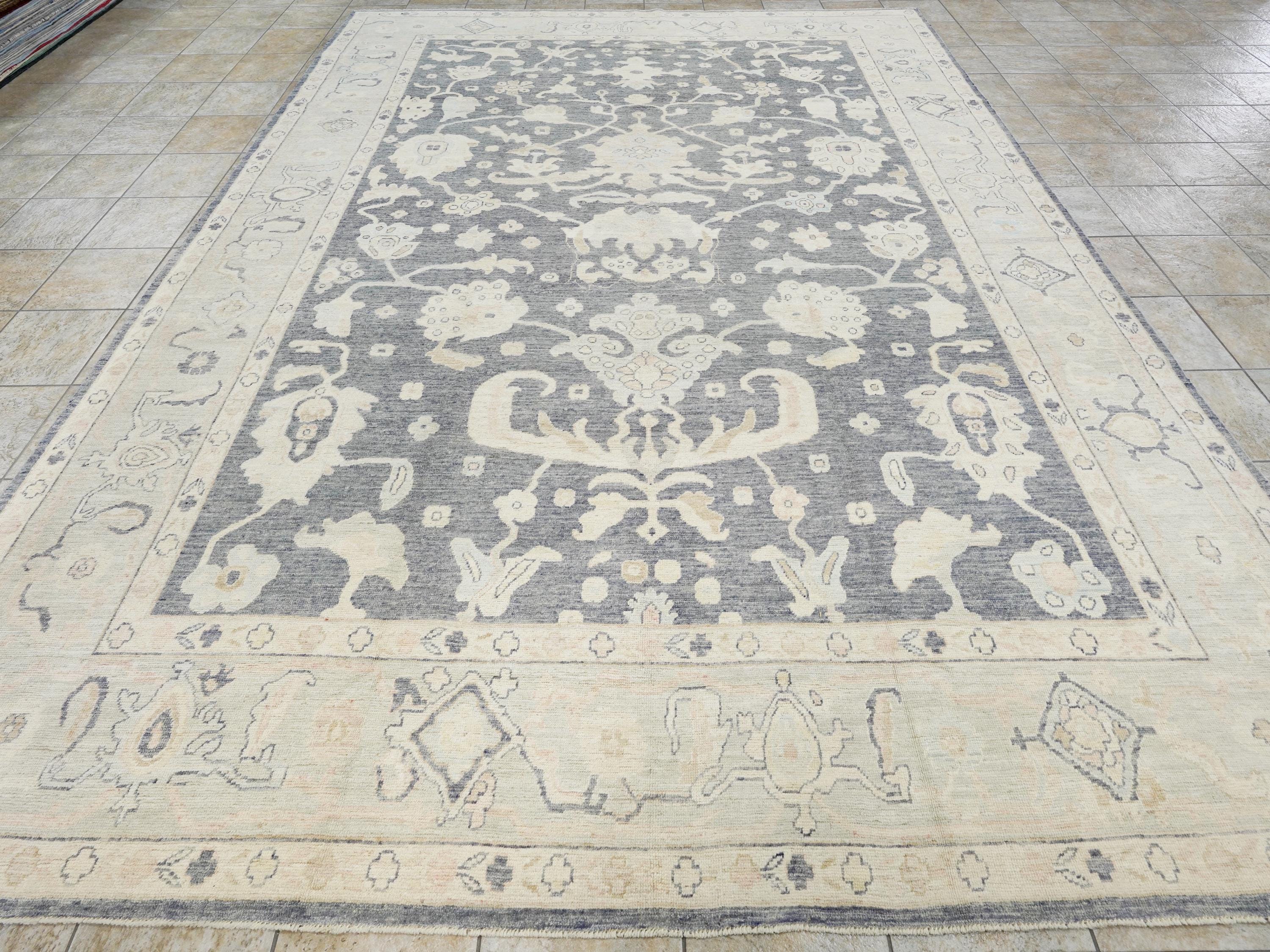 10x14 Ft Light Black Oushak Rug - Hand Knotted Afghan Rug - Turkish Floral Design