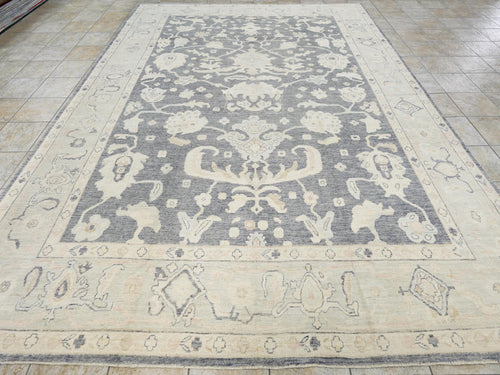 10x14 Ft Light Black Oushak Rug - Hand Knotted Afghan Rug - Turkish Floral Design