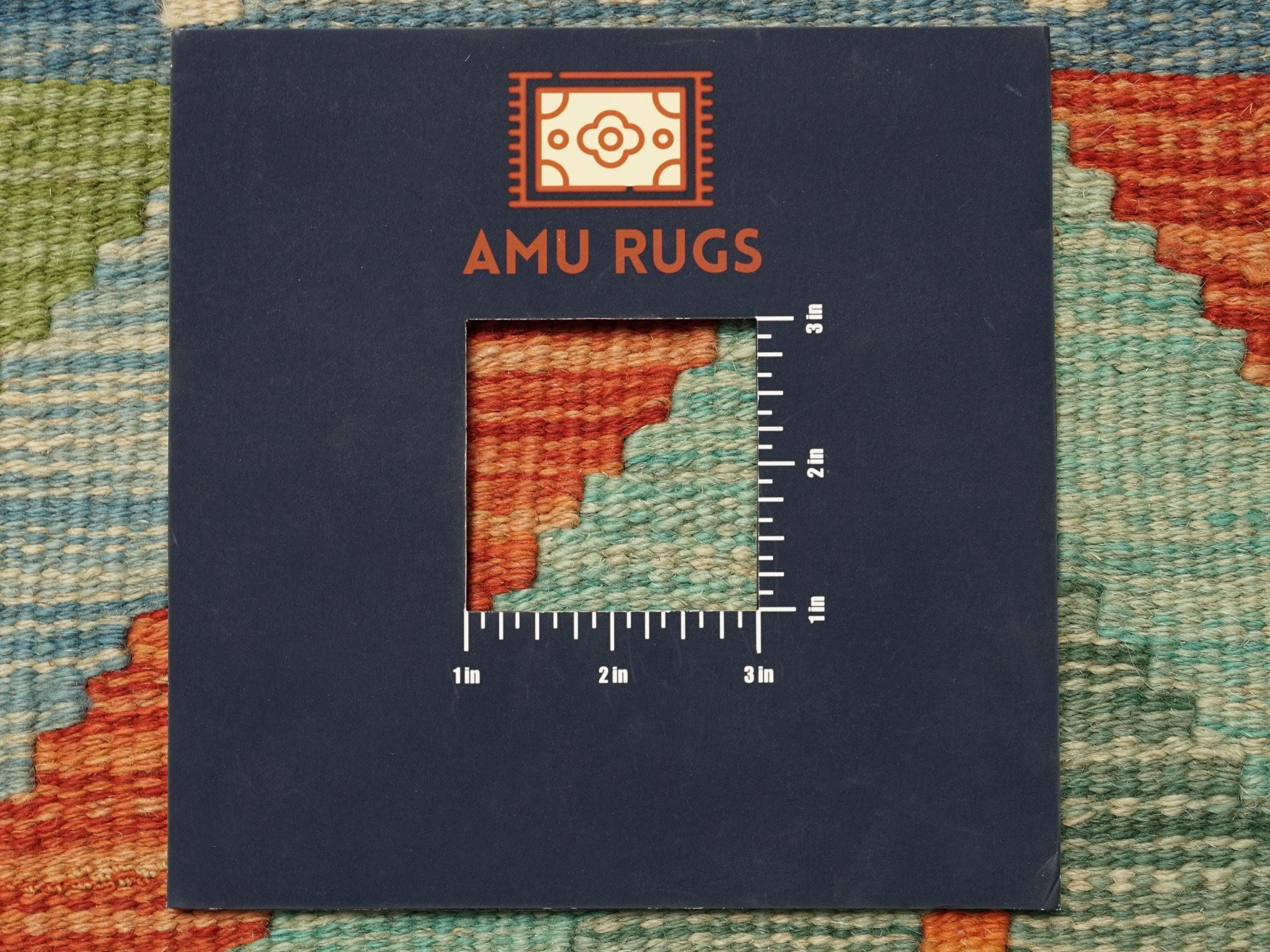 9 Ft Kilim Runner Rug - Green & Orange Traditional Afghan Rug